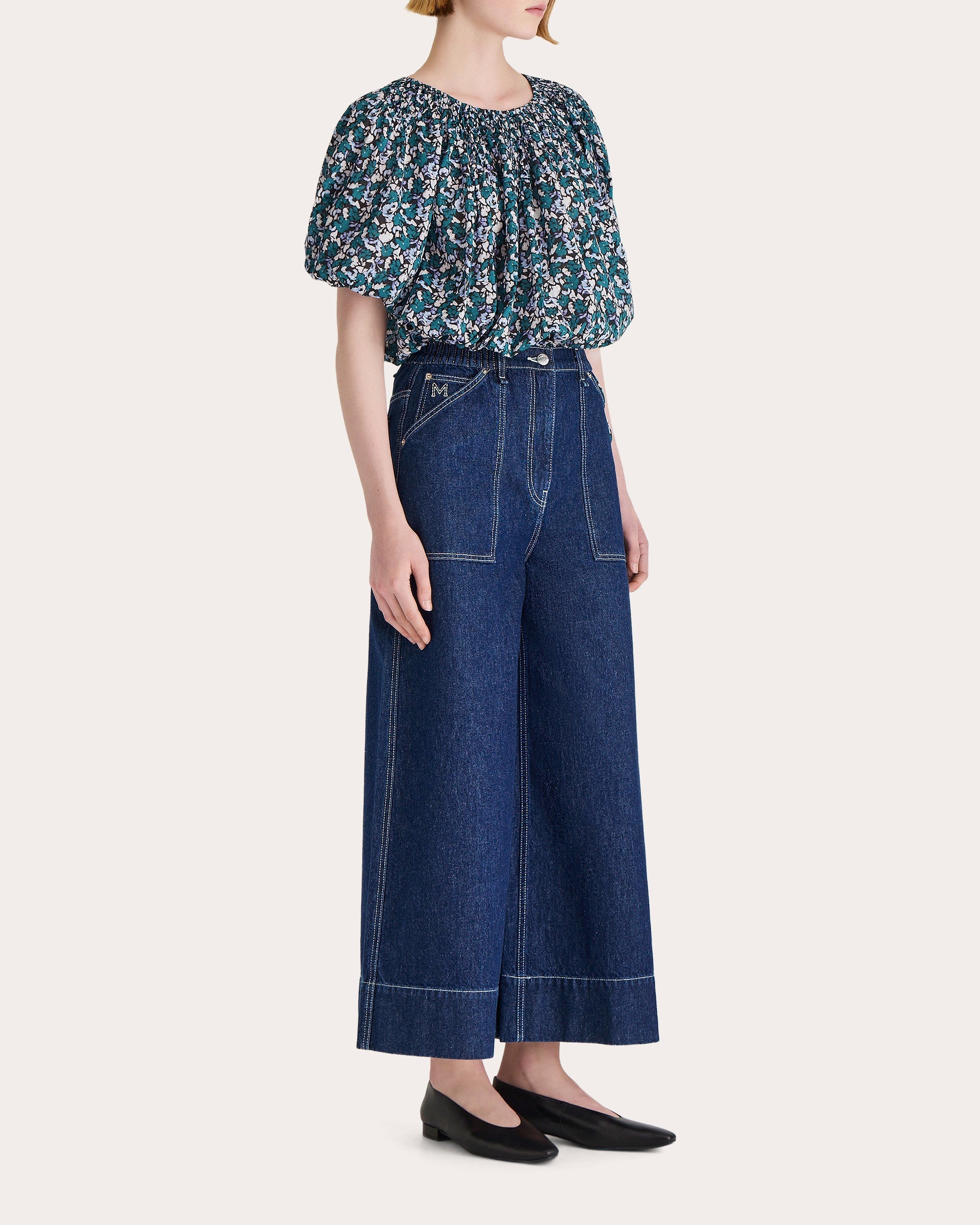 Lotus Printed Cropped Smocked Cotton Top