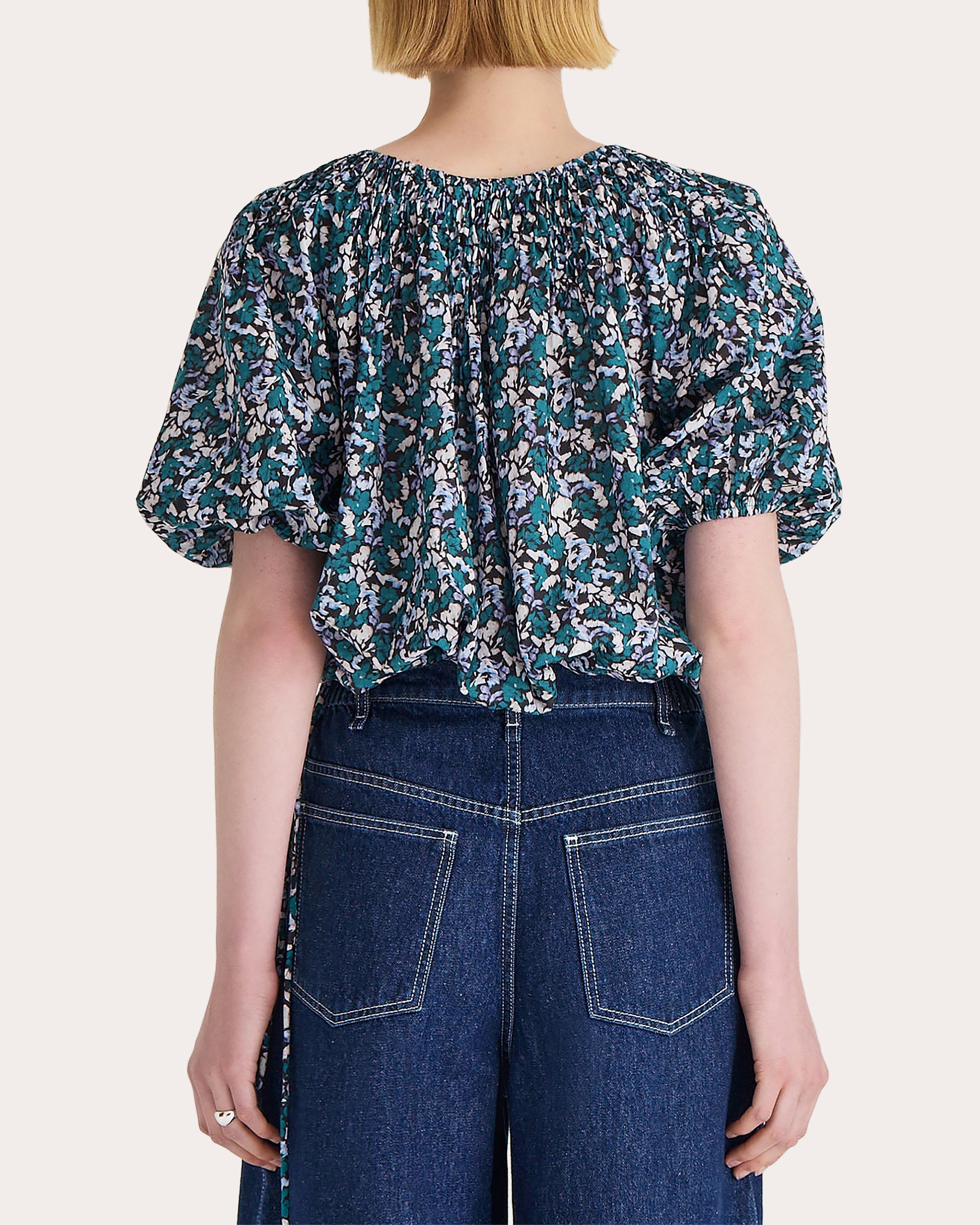 Lotus Printed Cropped Smocked Cotton Top