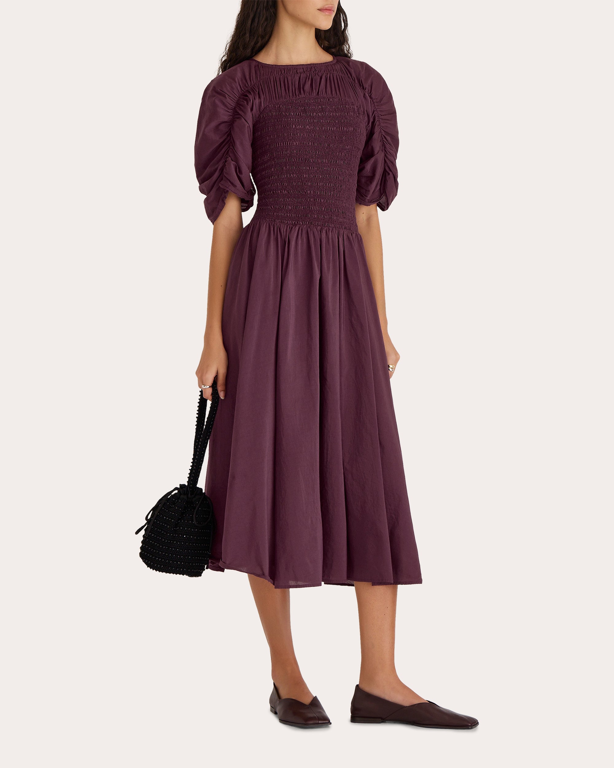 Gaea Smocked Cotton-Silk Blend Midi Dress