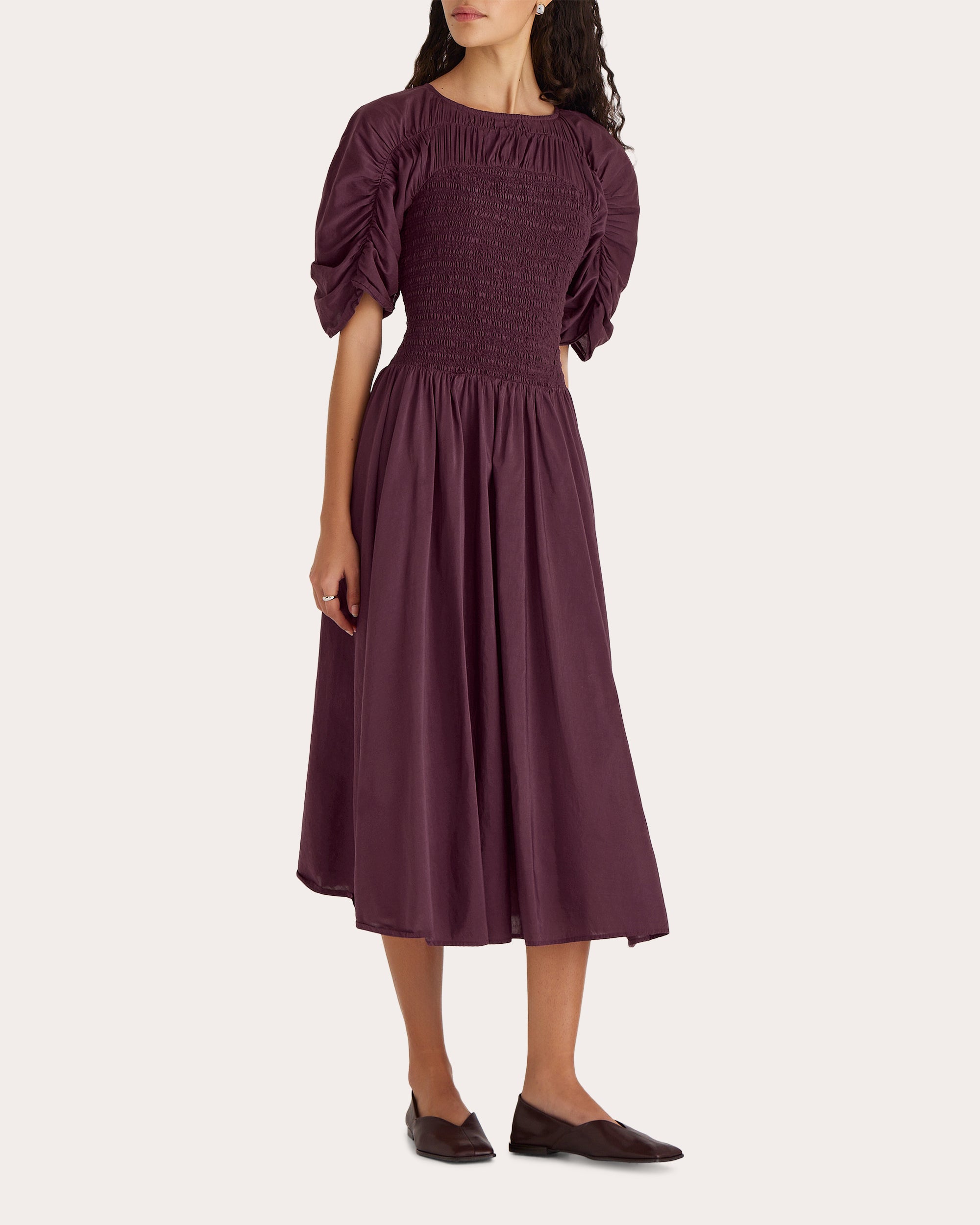 Gaea Smocked Cotton-Silk Blend Midi Dress