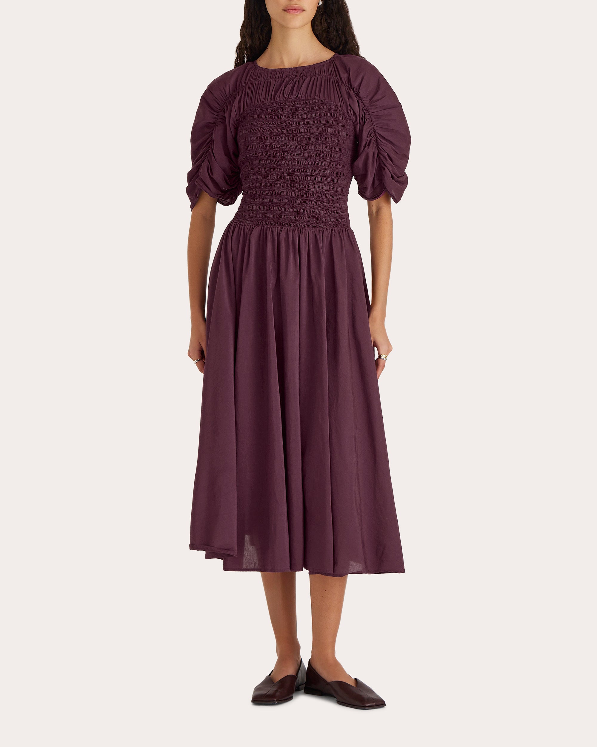 Gaea Smocked Cotton-Silk Blend Midi Dress