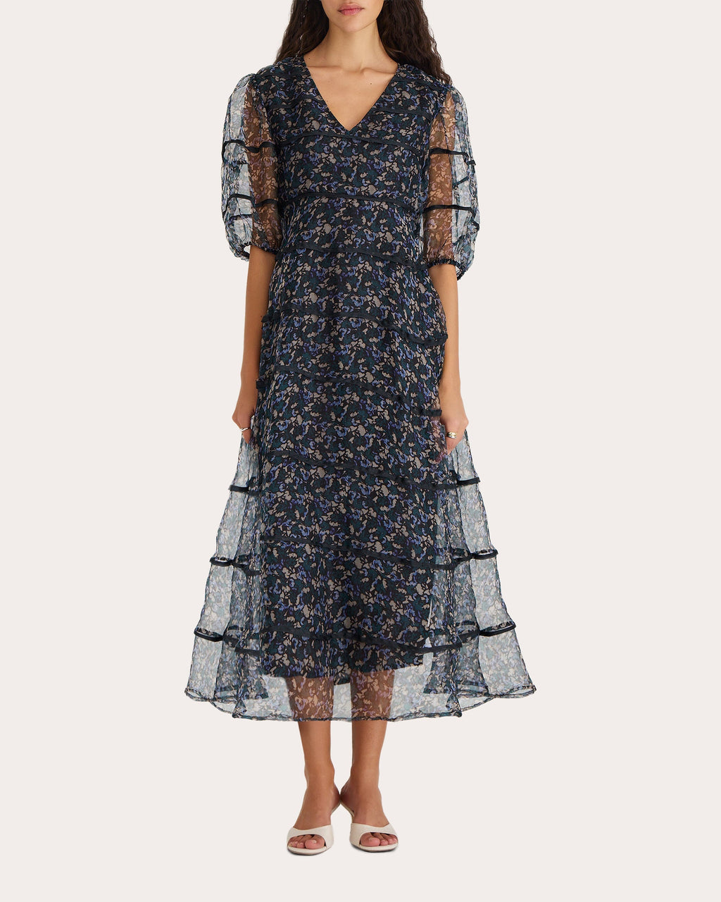 Astra Tiered Printed Silk Chiffon Midi Dress