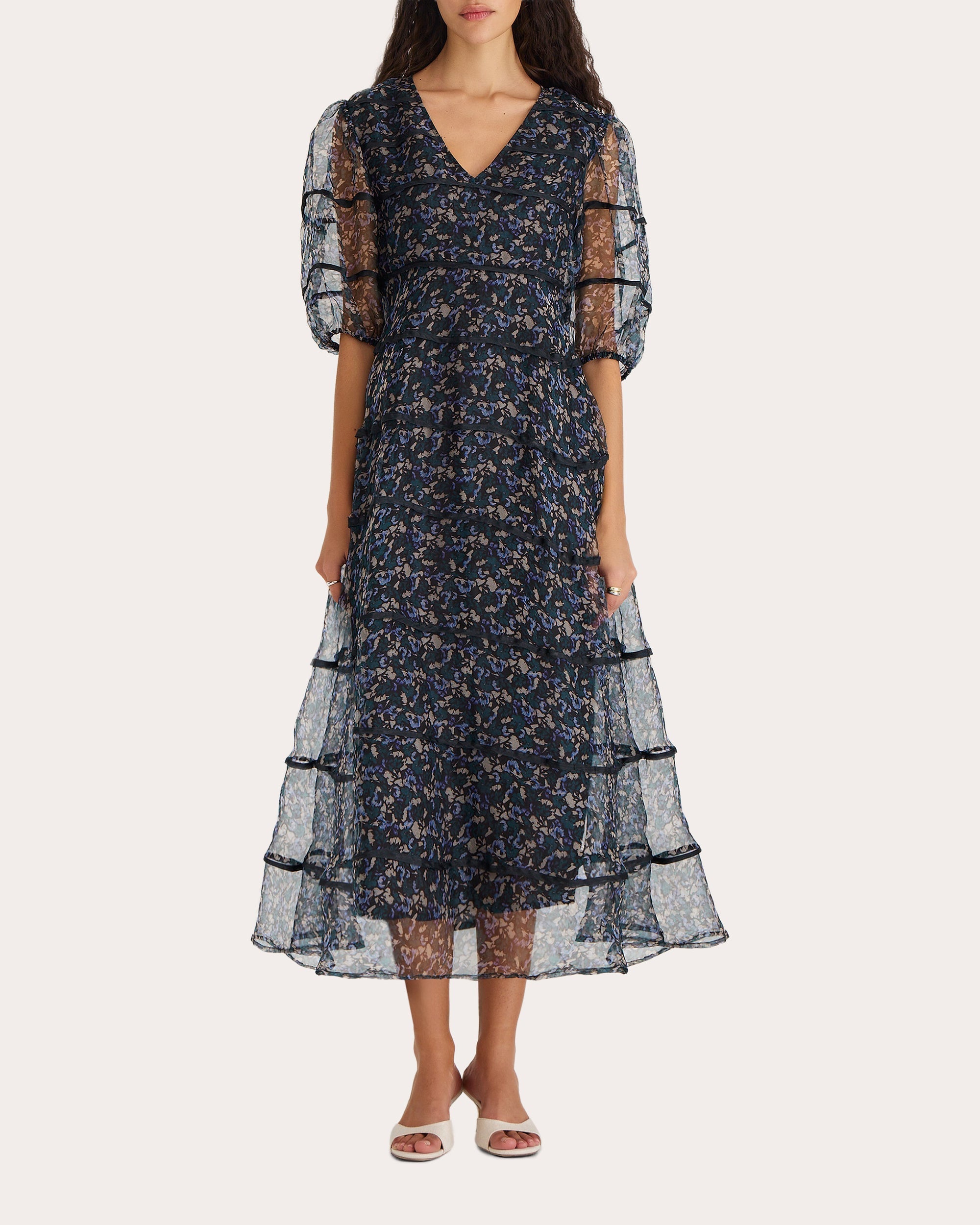 Astra Tiered Printed Silk Chiffon Midi Dress