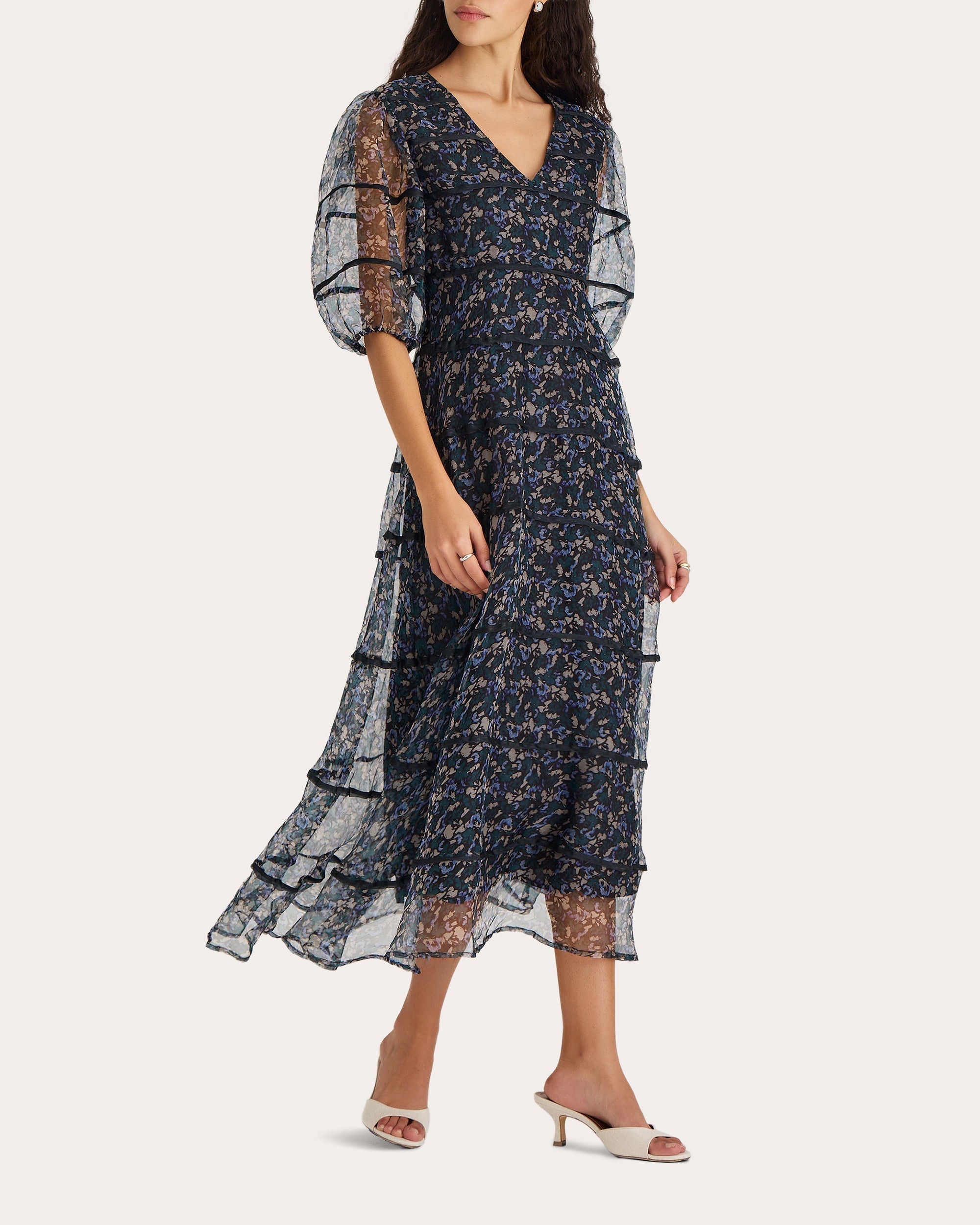 Astra Tiered Printed Silk Chiffon Midi Dress