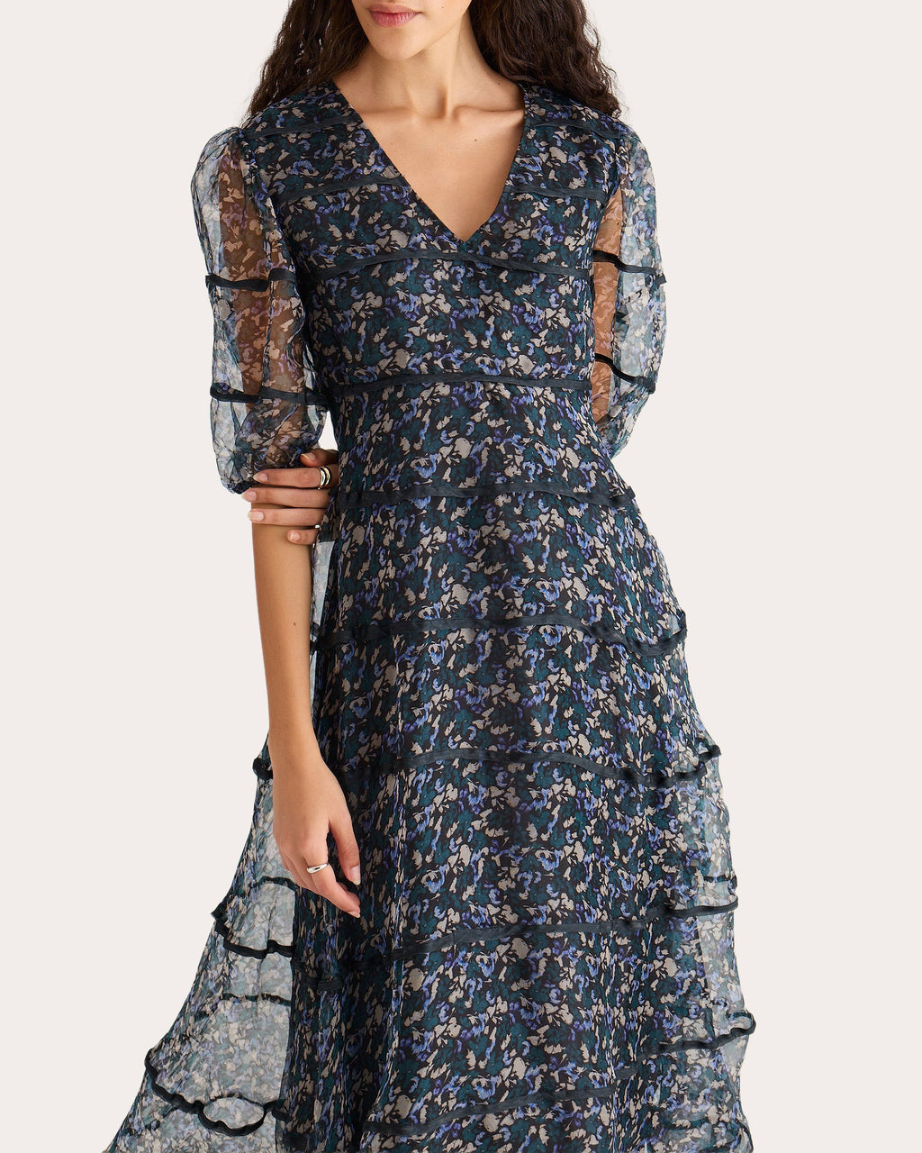 Astra Tiered Printed Silk Chiffon Midi Dress