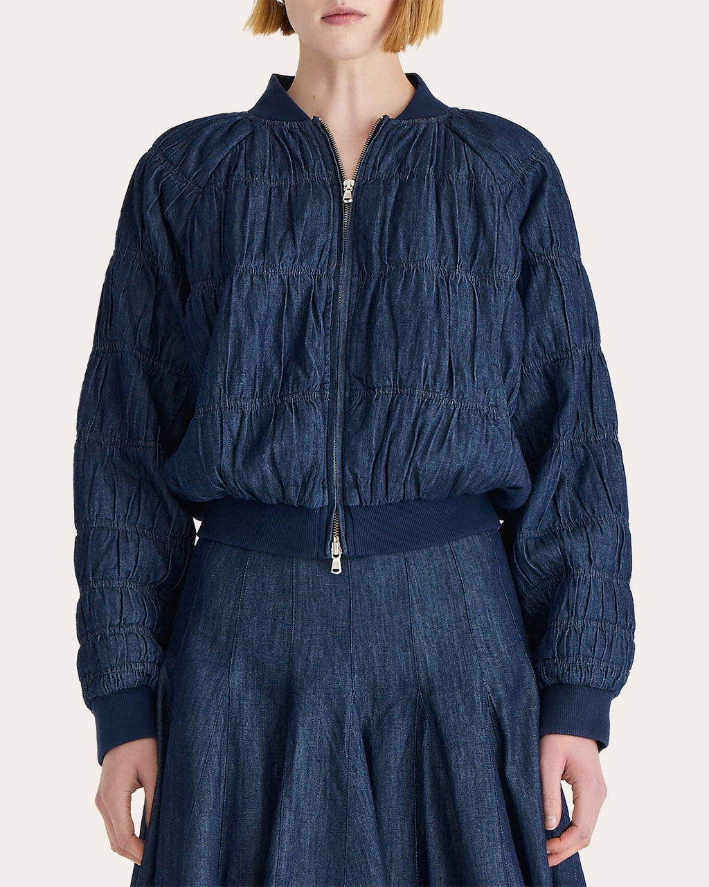 Esme Ruched Denim Bomber Jacket