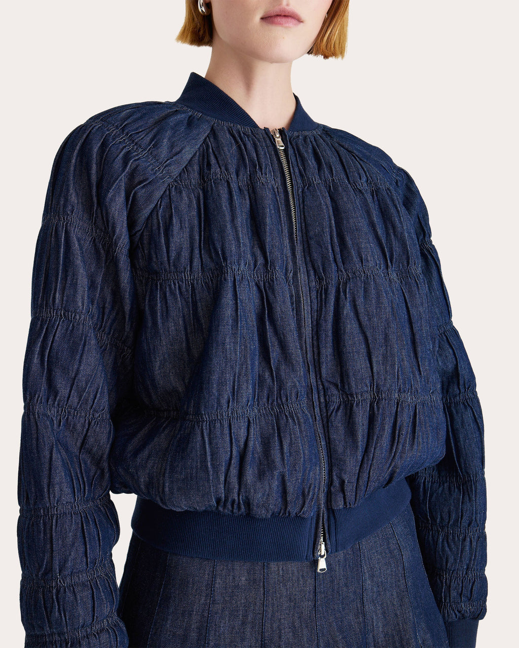 Esme Ruched Denim Bomber Jacket