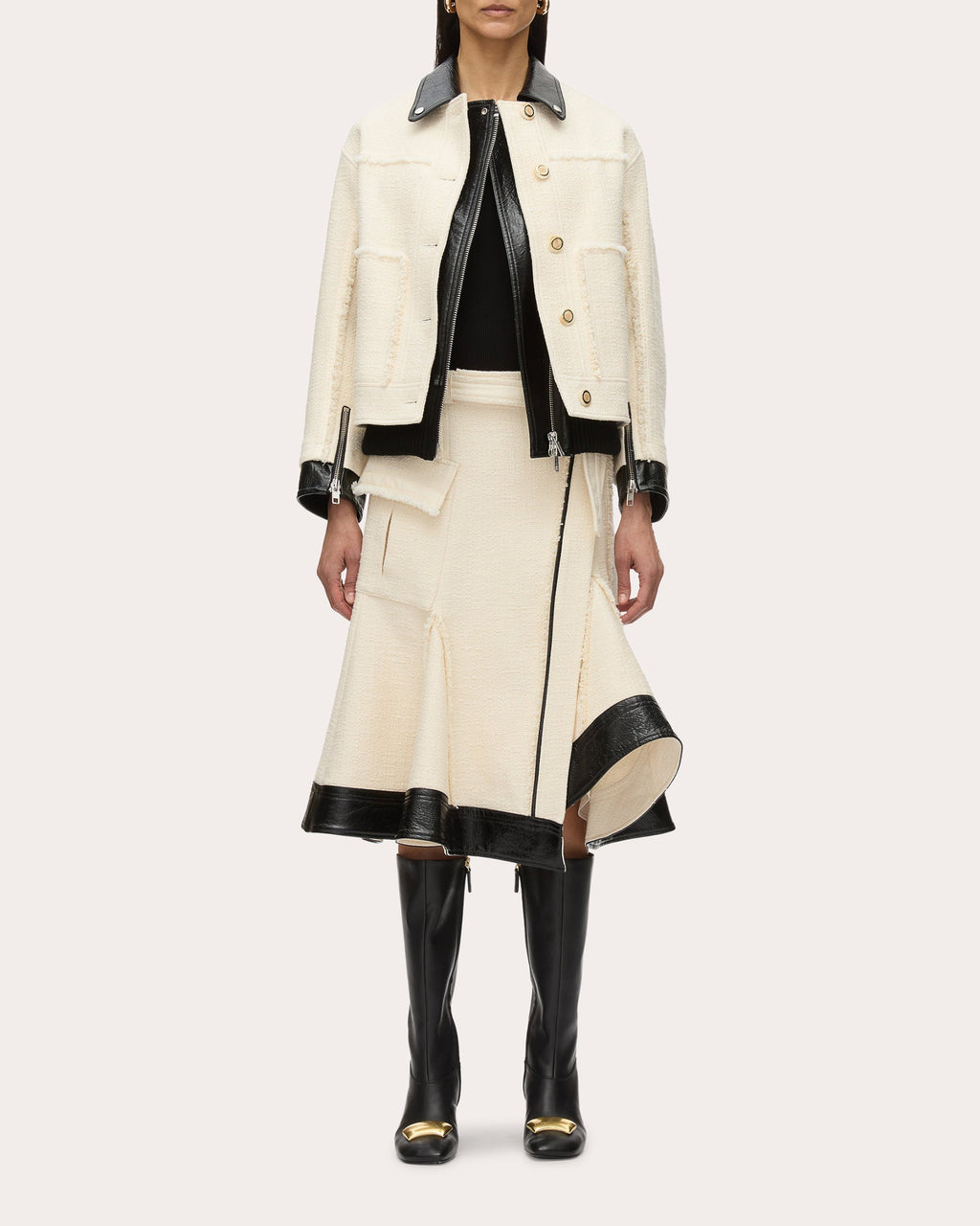 Layered Faux Leather-Trim Tweed Jacket