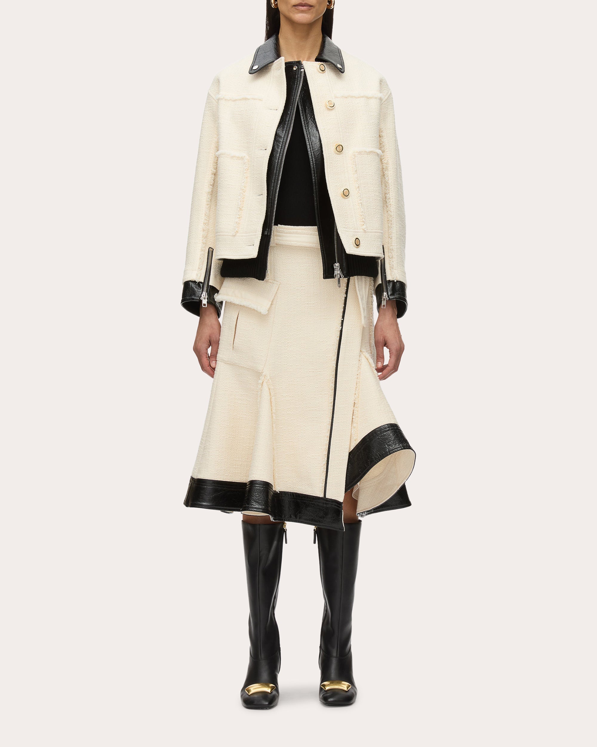 Layered Faux Leather-Trim Tweed Jacket