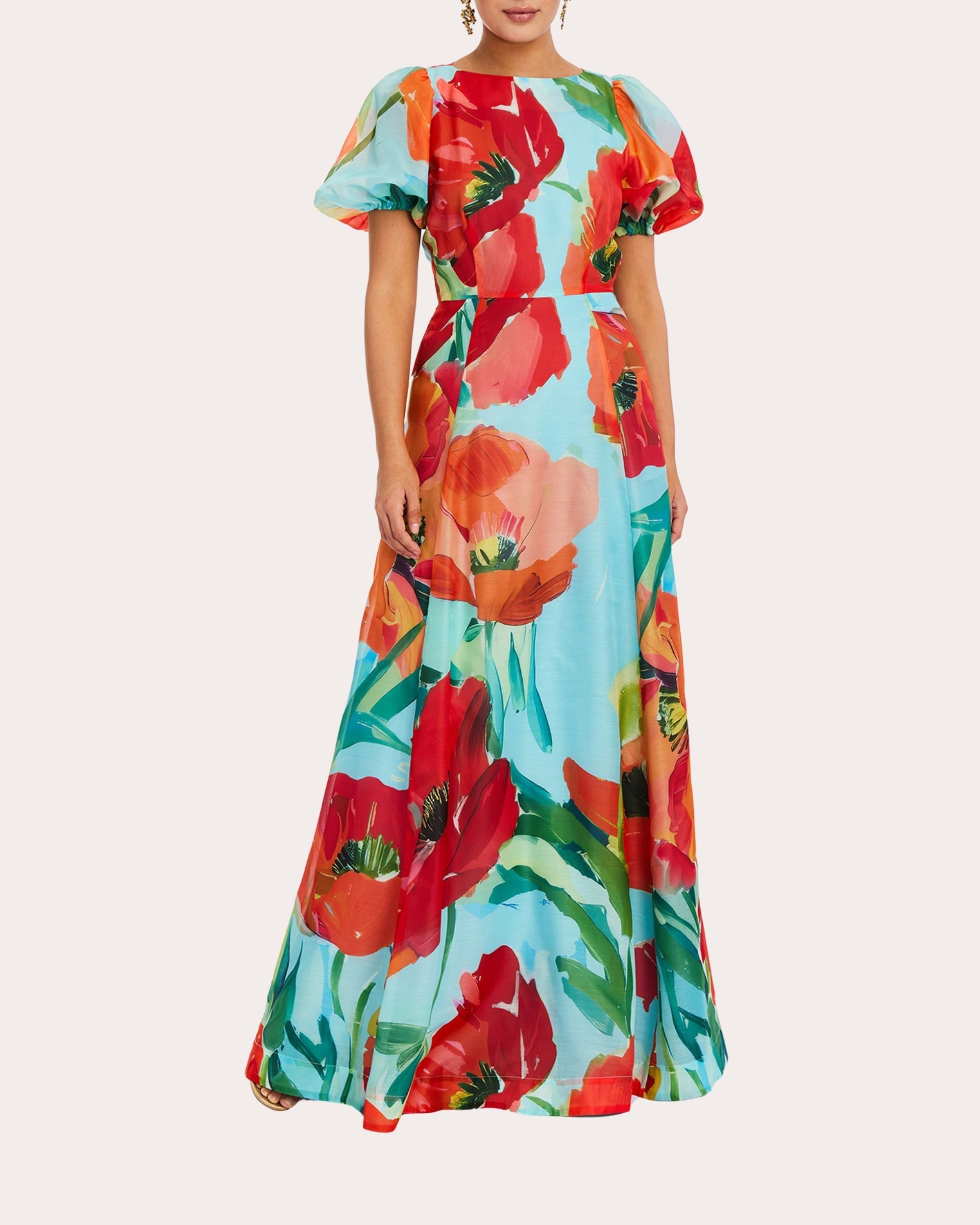 Pippa Floral Organza Puff-Sleeve A-Line Gown