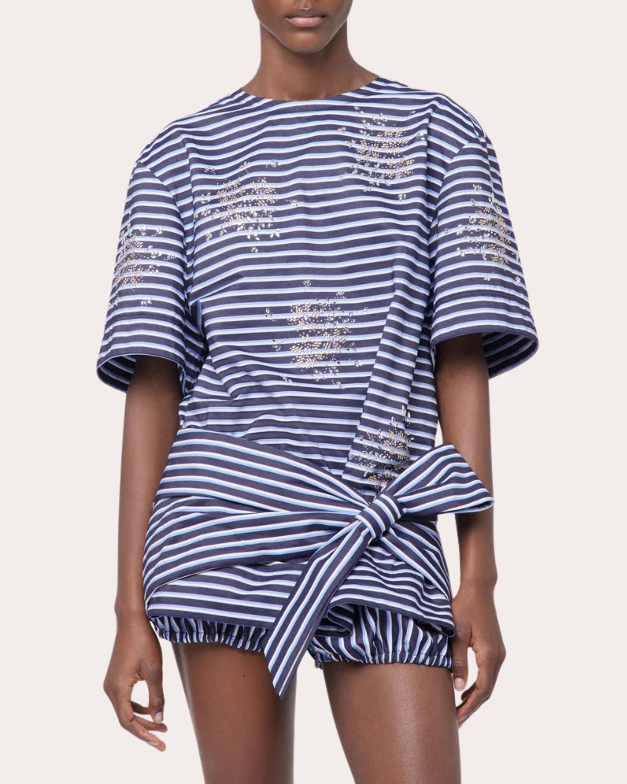 Embellished Striped Open-Back Cotton-Jersey Top