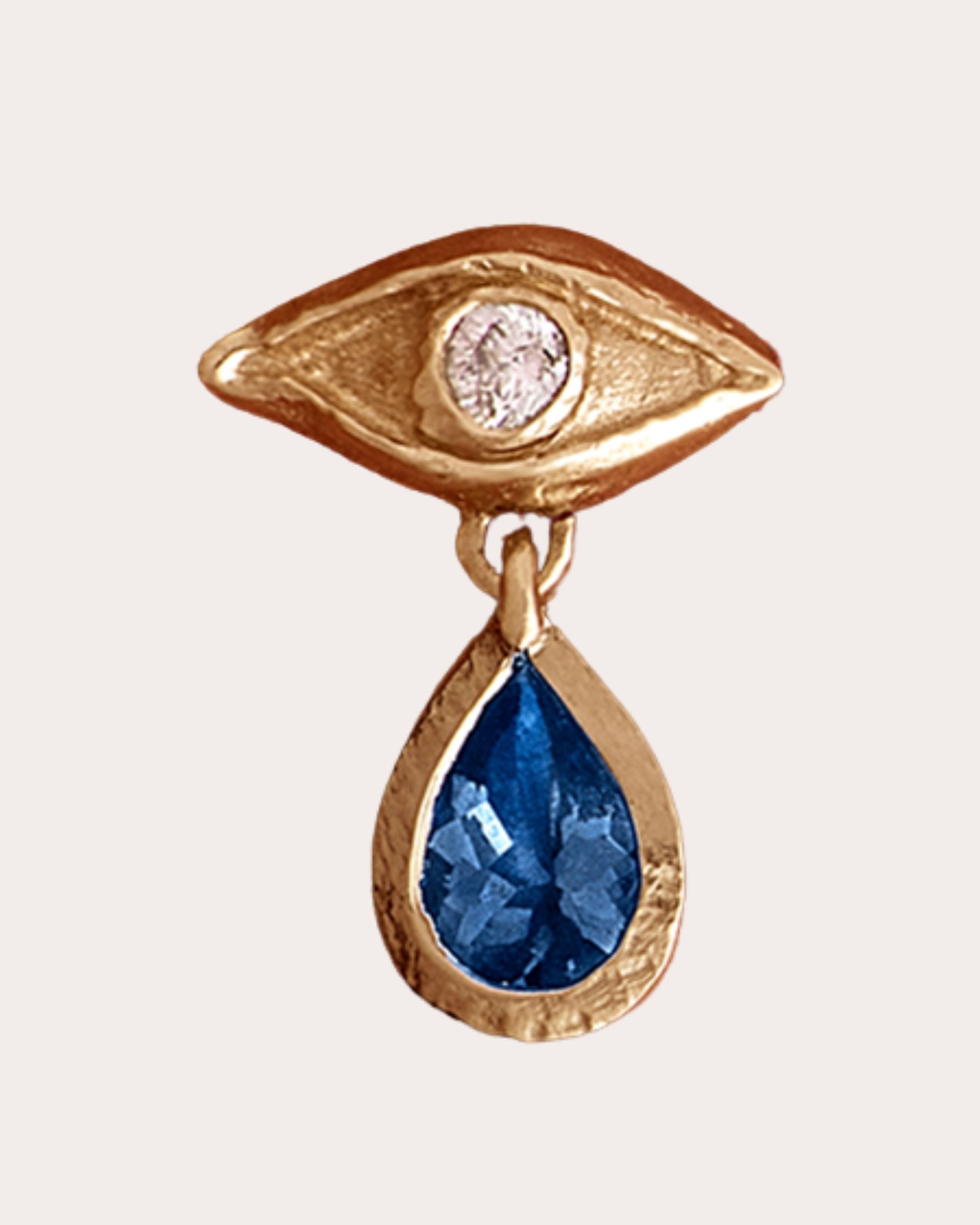 Short Cry Diamond & Sapphire 14k Gold Single Earring