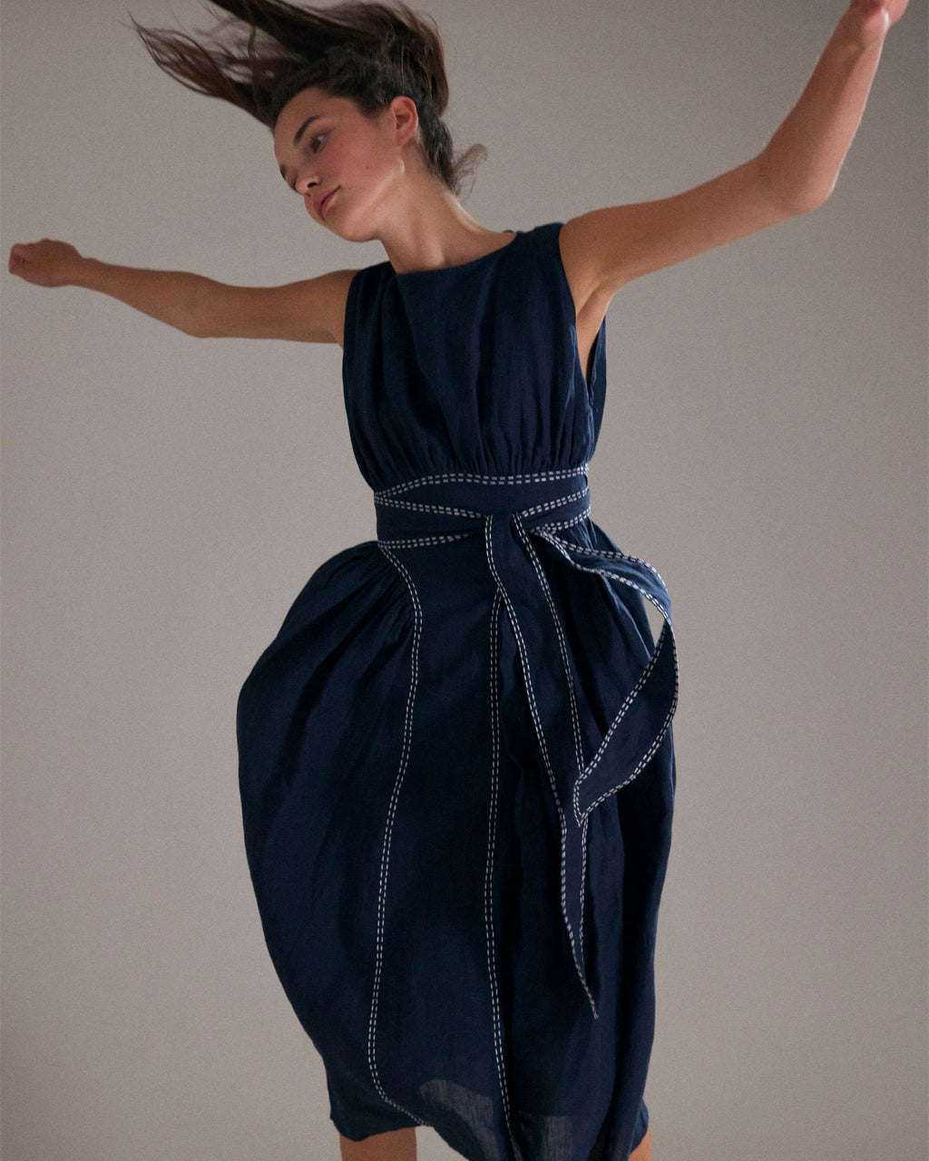 Verena Stitched Linen Sleeveless Midi Dress