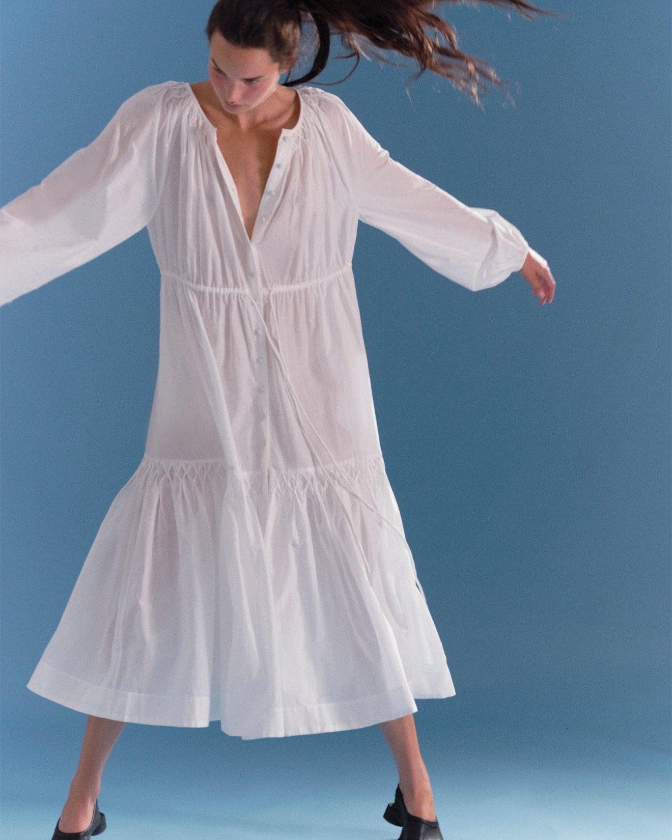 Allegra Cotton Voile Smocked Button-Up Midi Dress