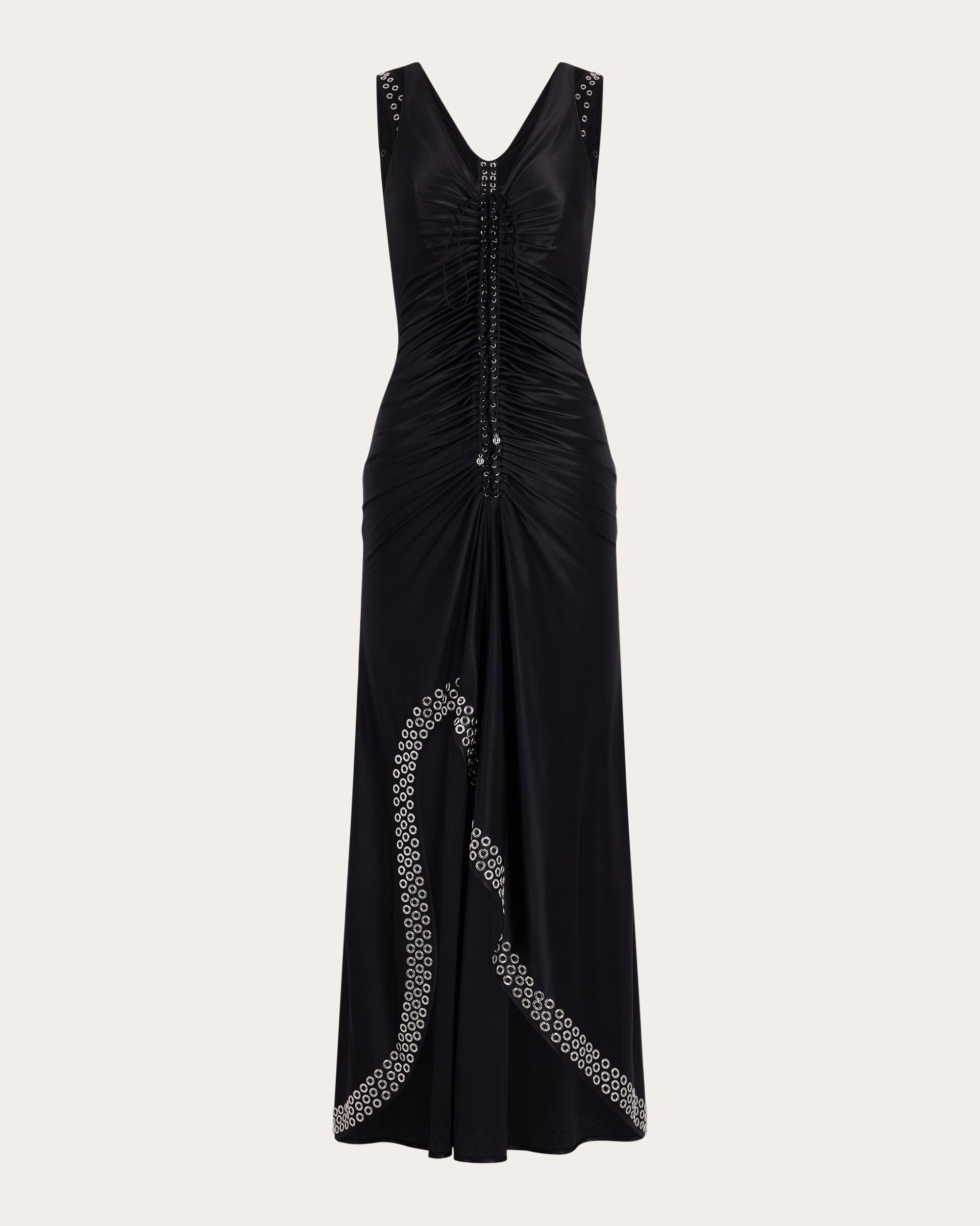 Embellished Asymmetric Ruched Satin-Jersey Dress