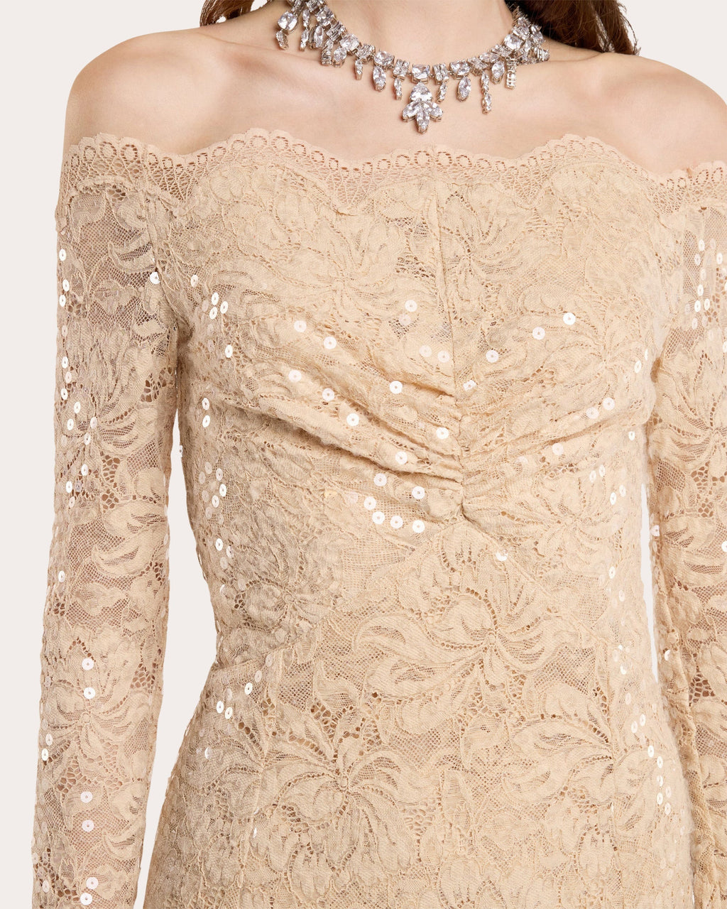 Sequin-Embellished Ruched Lace Maxi Dress
