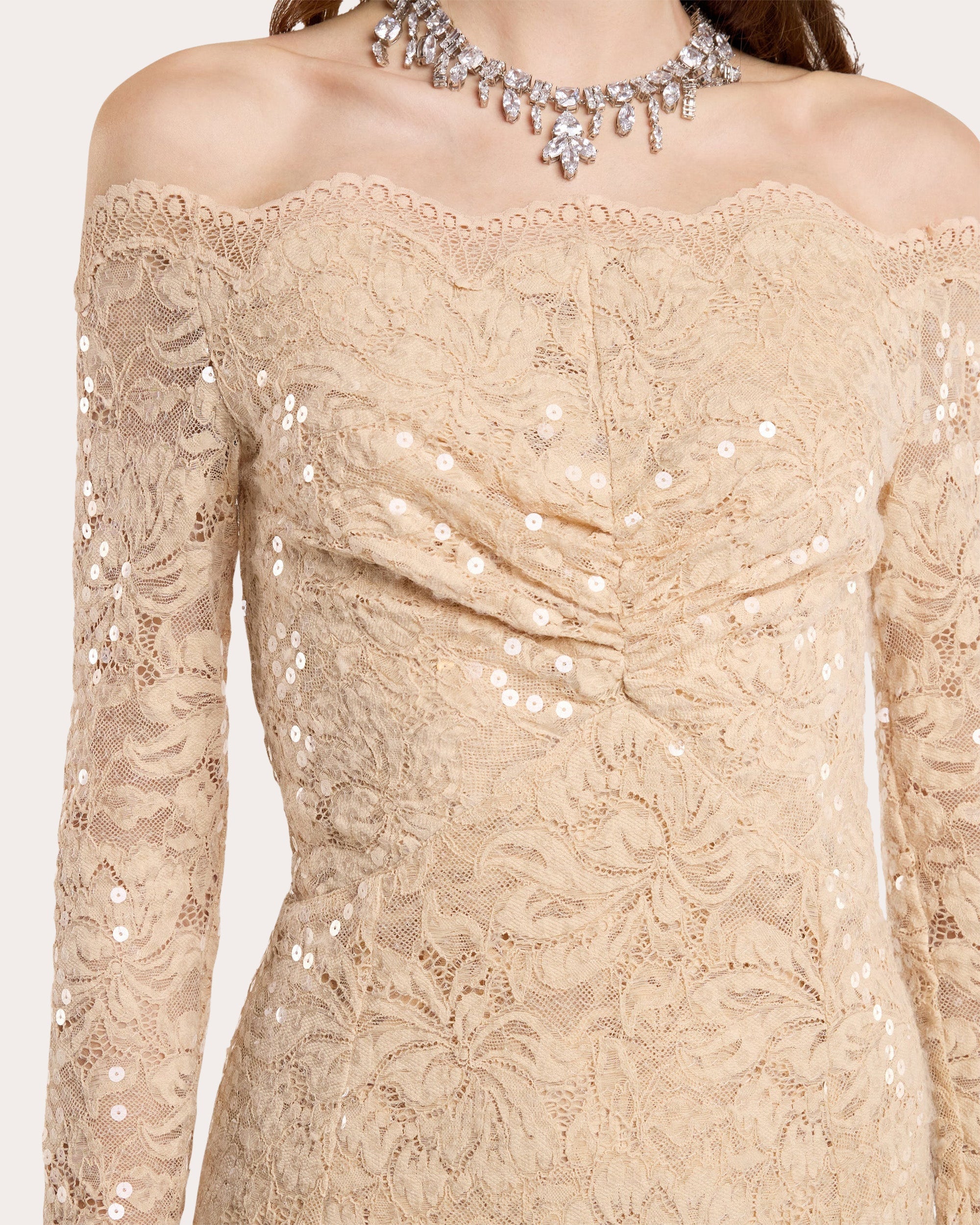 Sequin-Embellished Ruched Lace Maxi Dress