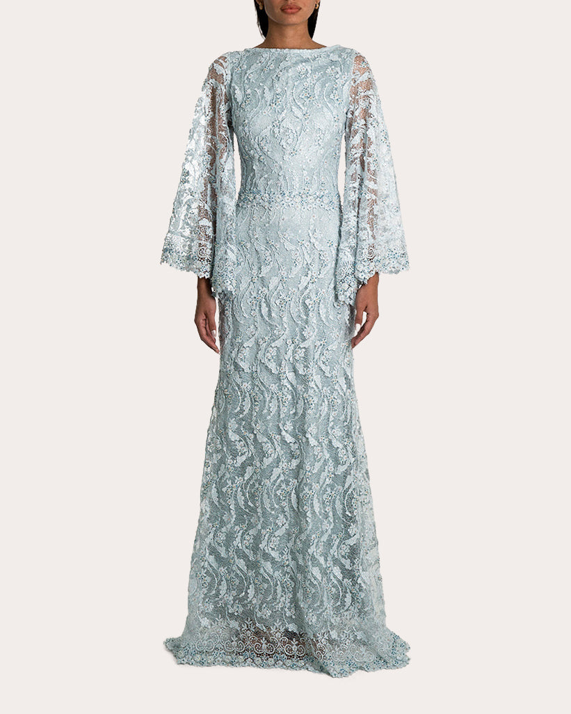 Lorgi Cape-Effect Embellished Lace Gown