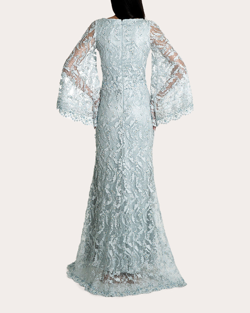 Lorgi Cape-Effect Embellished Lace Gown