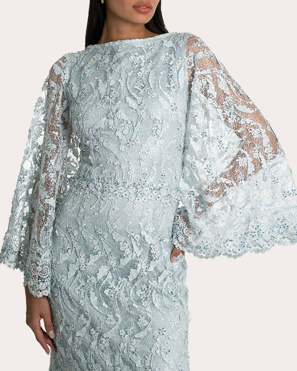 Lorgi Cape-Effect Embellished Lace Gown