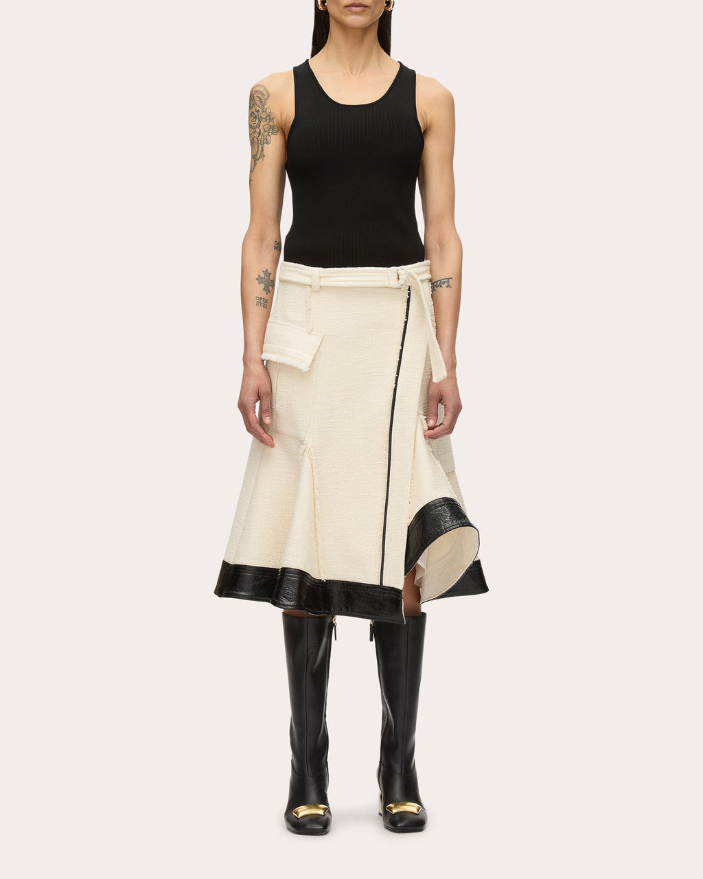 Belted Faux Leather-Trim Tweed Skirt