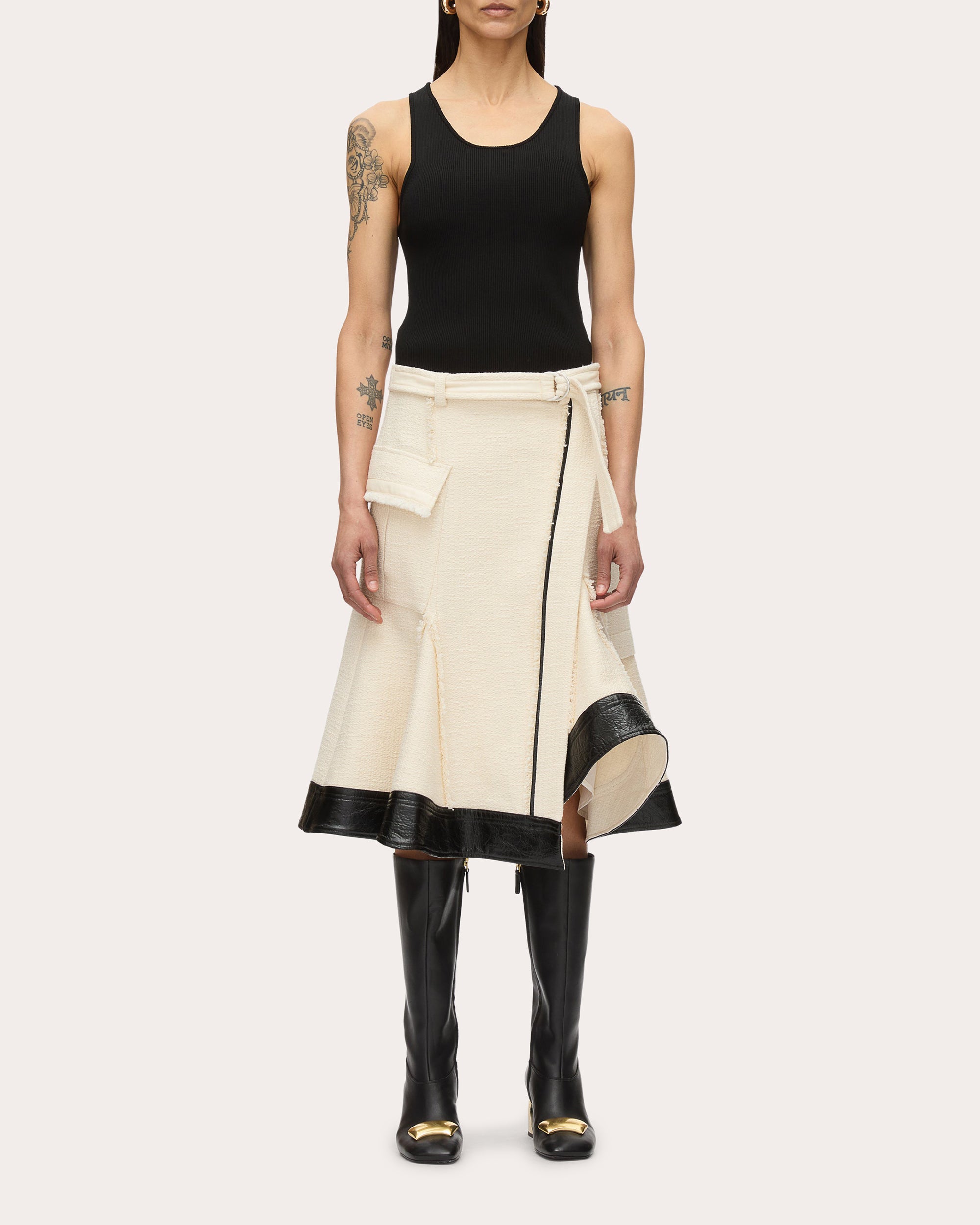 Belted Faux Leather-Trim Tweed Skirt