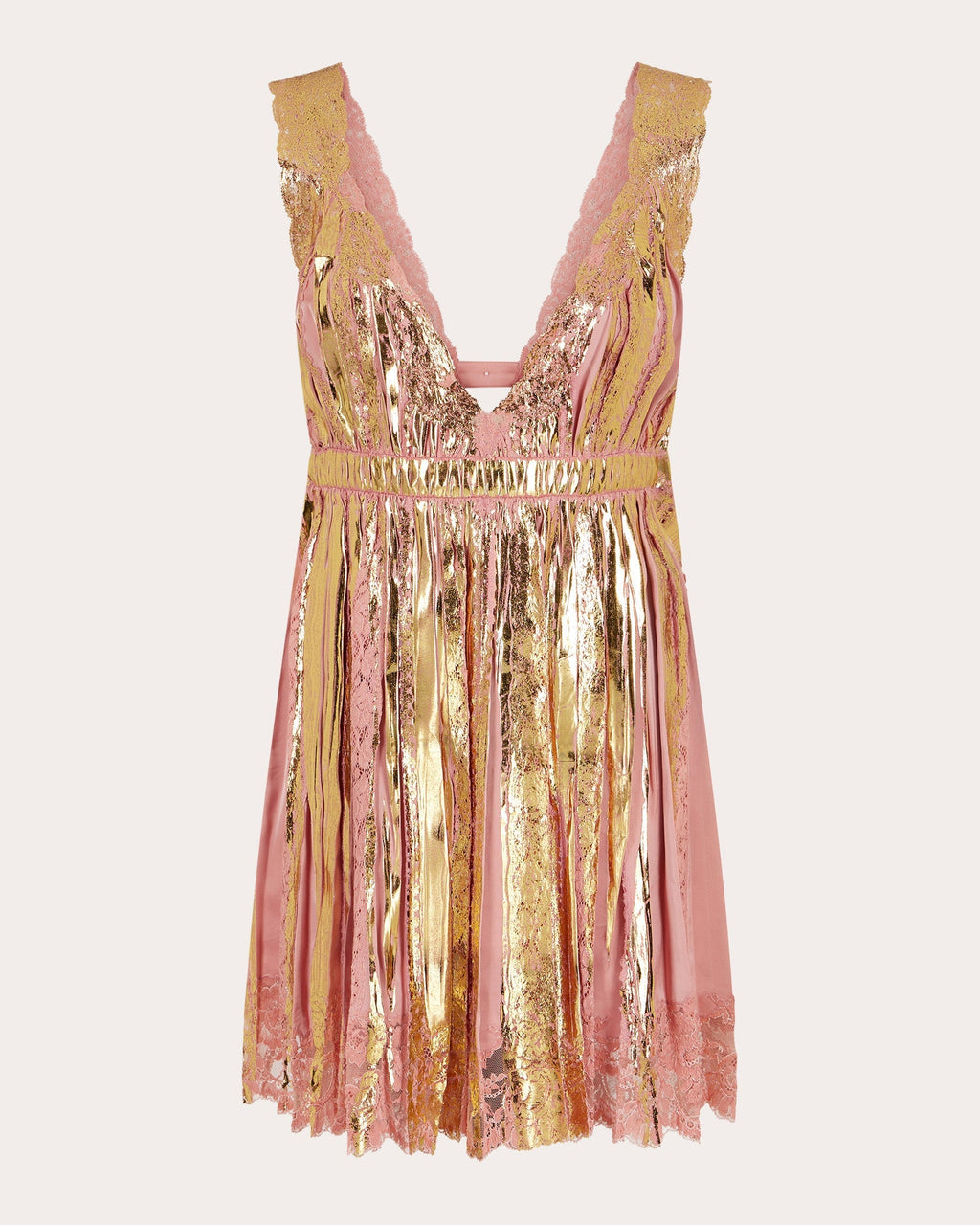 Pleated Lace-Trimmed Foiled Satin Mini Dress