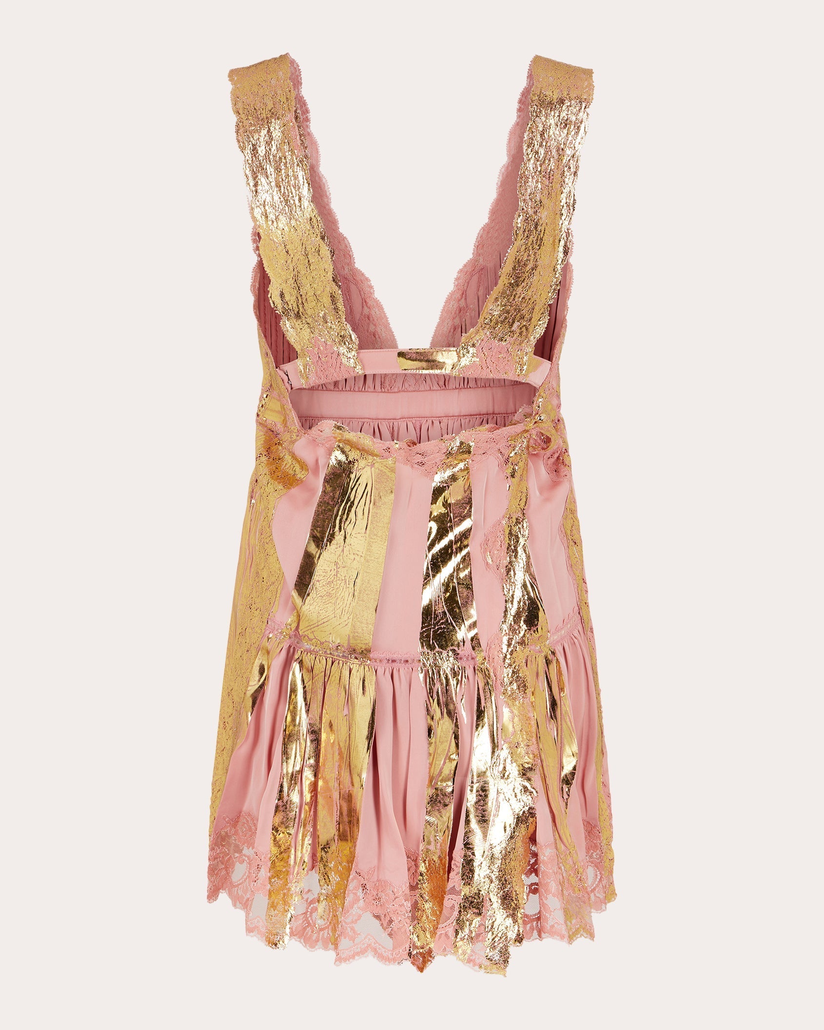 Pleated Lace-Trimmed Foiled Satin Mini Dress