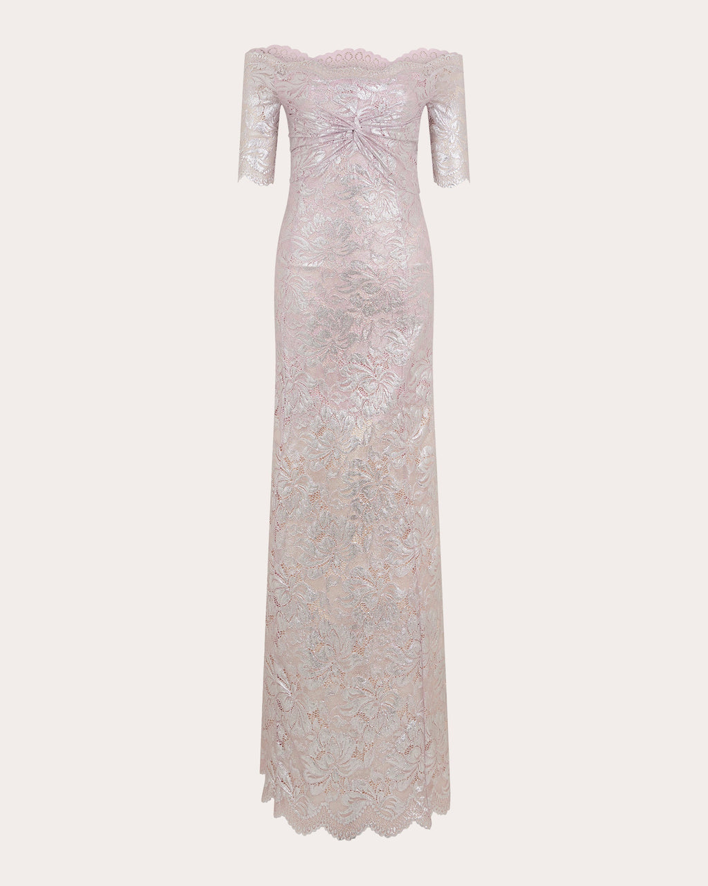 Twist-Front Metallic Lace Off-Shoulder Maxi Dress