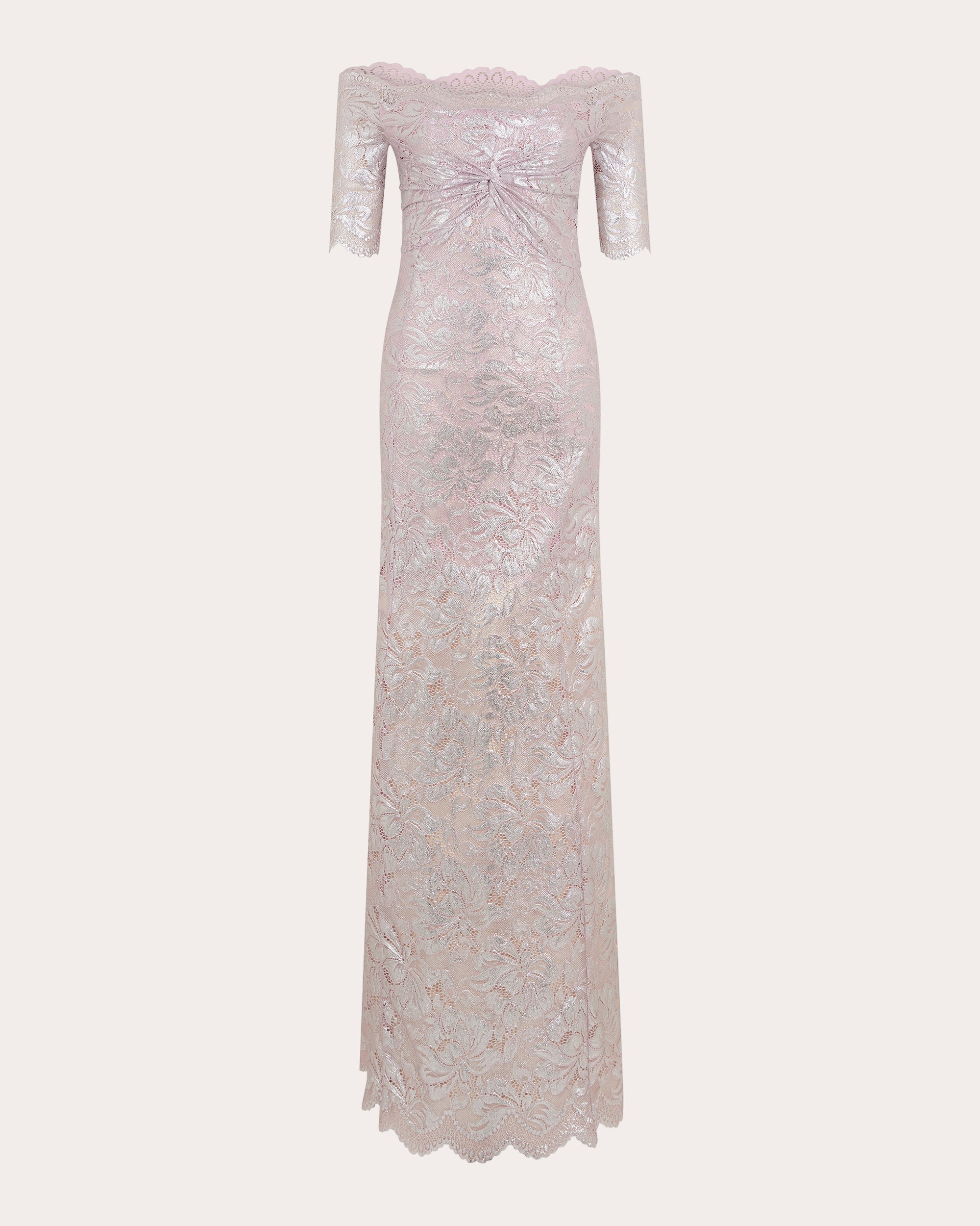 Twist-Front Metallic Lace Off-Shoulder Maxi Dress
