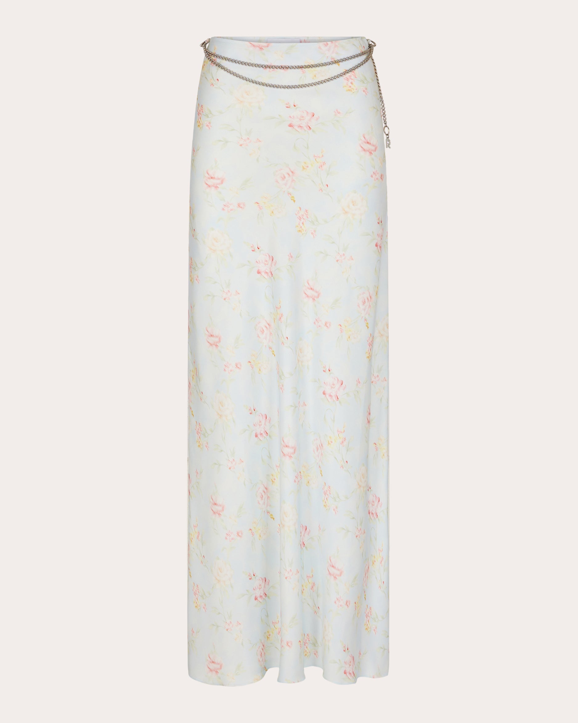 Chain-Embellished Floral-Print Satin Maxi Skirt
