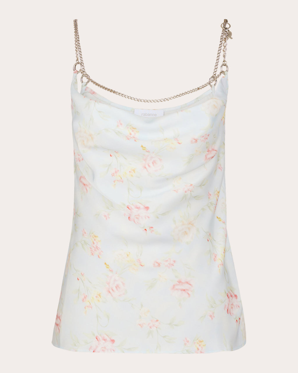 Chain-Embellished Draped Floral-Print Satin Top