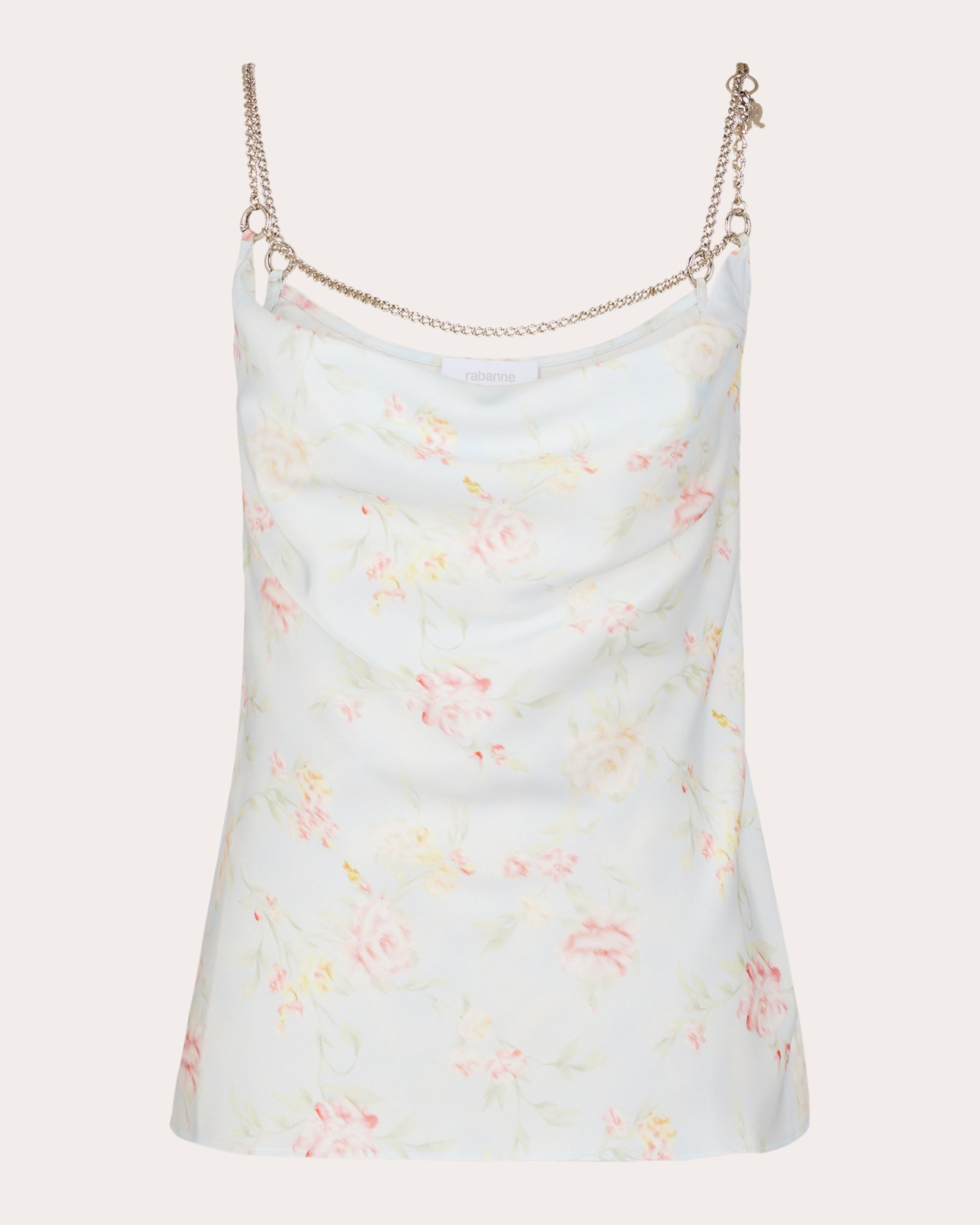 Chain-Embellished Draped Floral-Print Satin Top