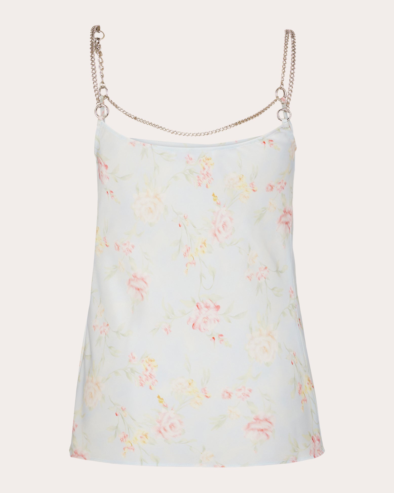 Chain-Embellished Draped Floral-Print Satin Top