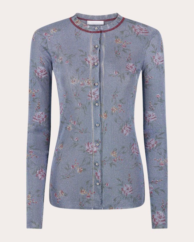 Floral-Print Metallic Knit Cardigan