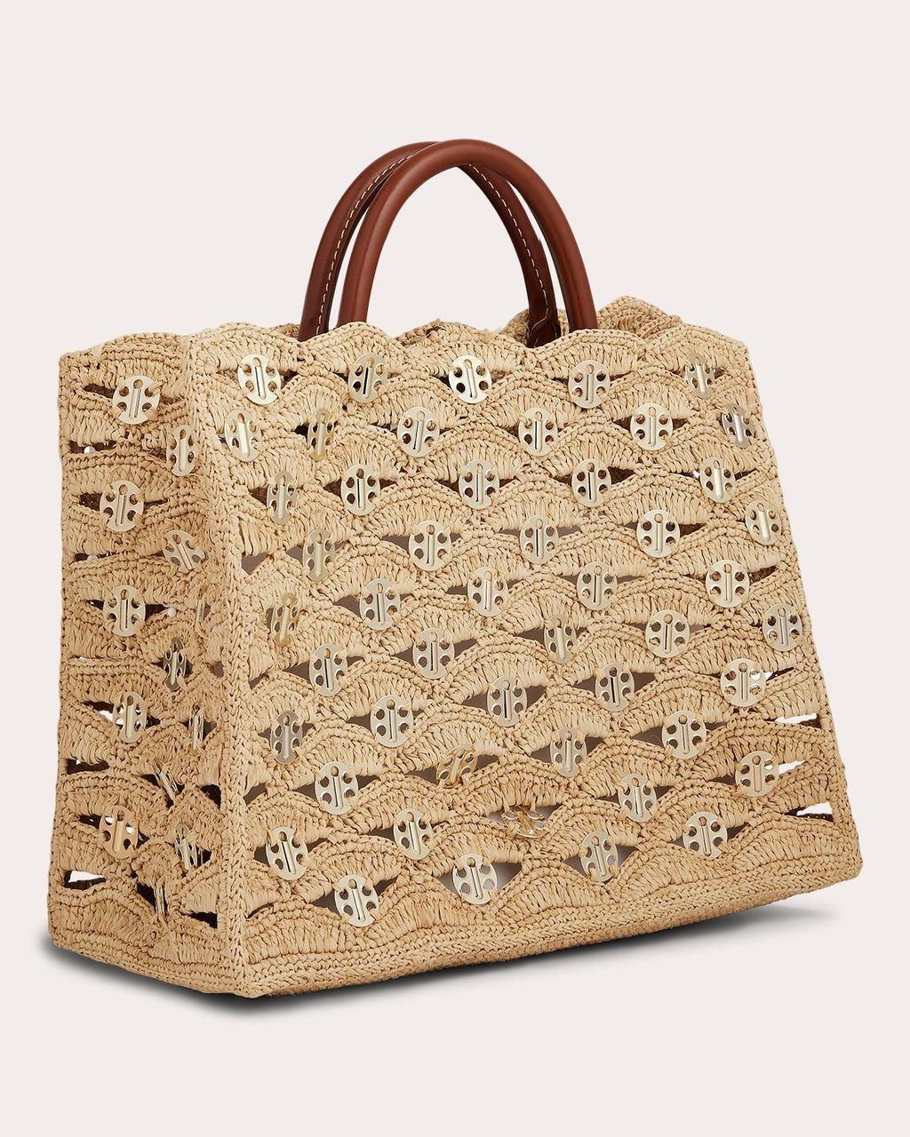 1969 Leather Trimmed Chainmail Embellished Raffia Tote