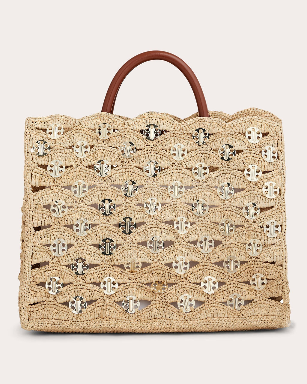 1969 Leather Trimmed Chainmail Embellished Raffia Tote