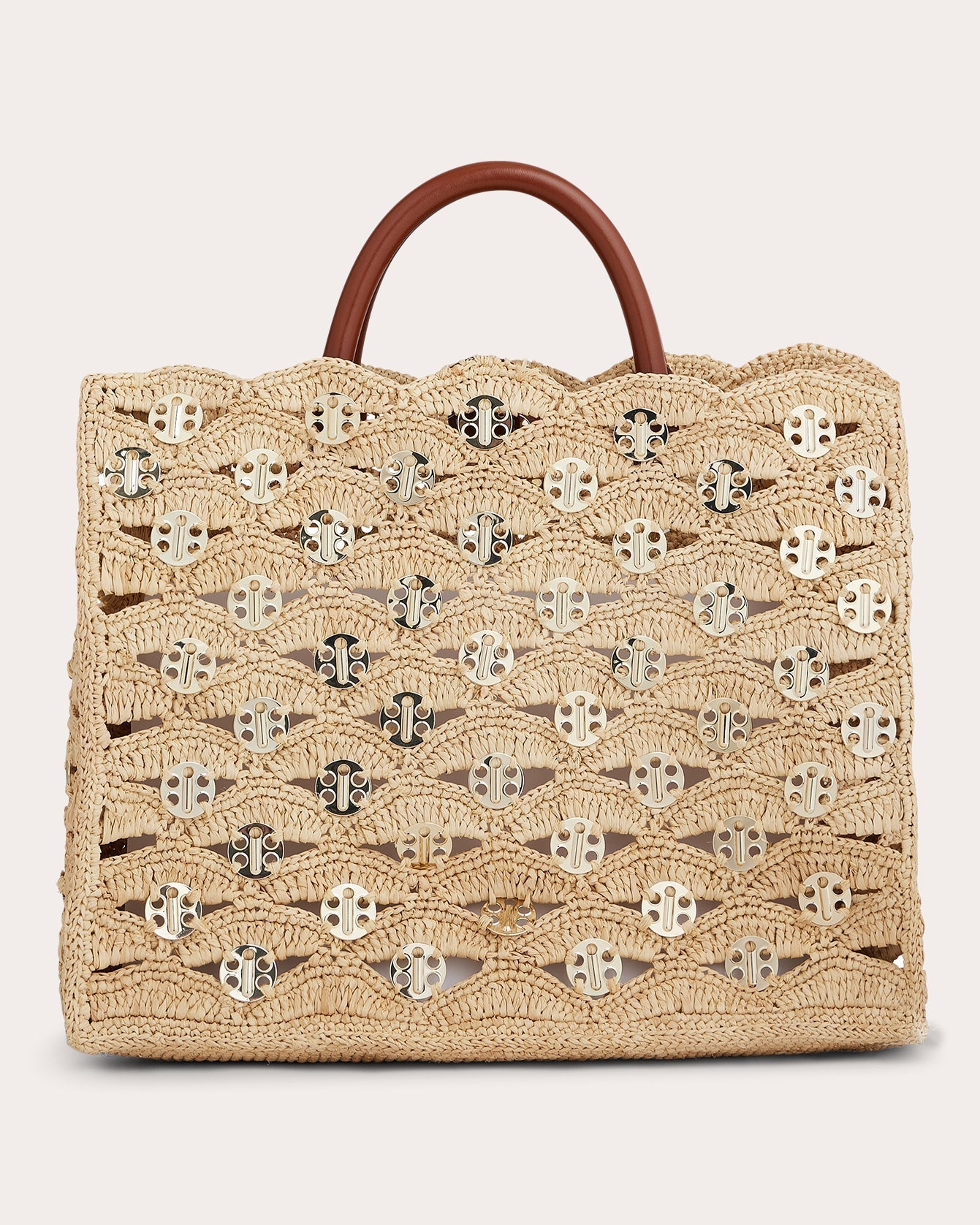 1969 Leather Trimmed Chainmail Embellished Raffia Tote