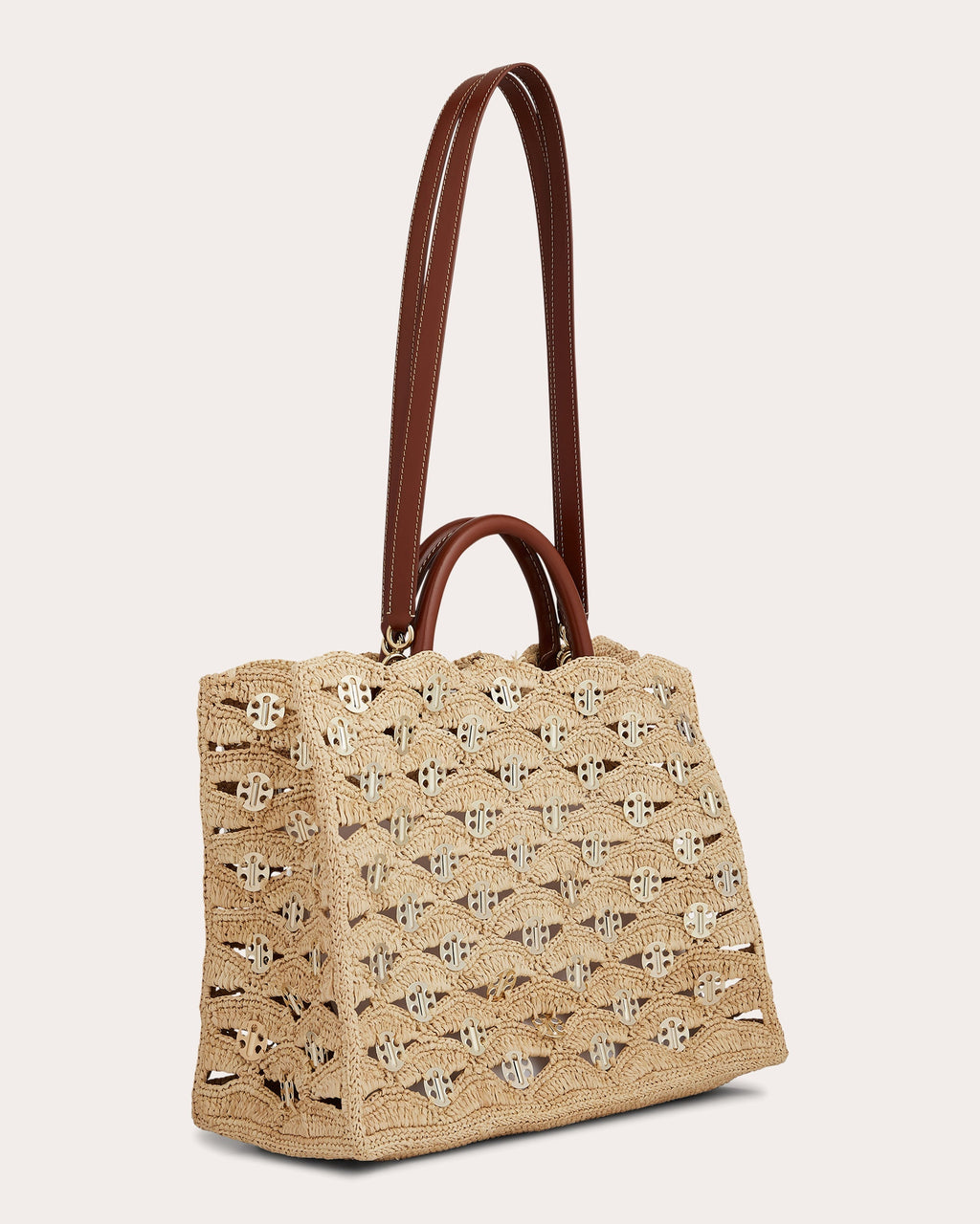 1969 Leather Trimmed Chainmail Embellished Raffia Tote