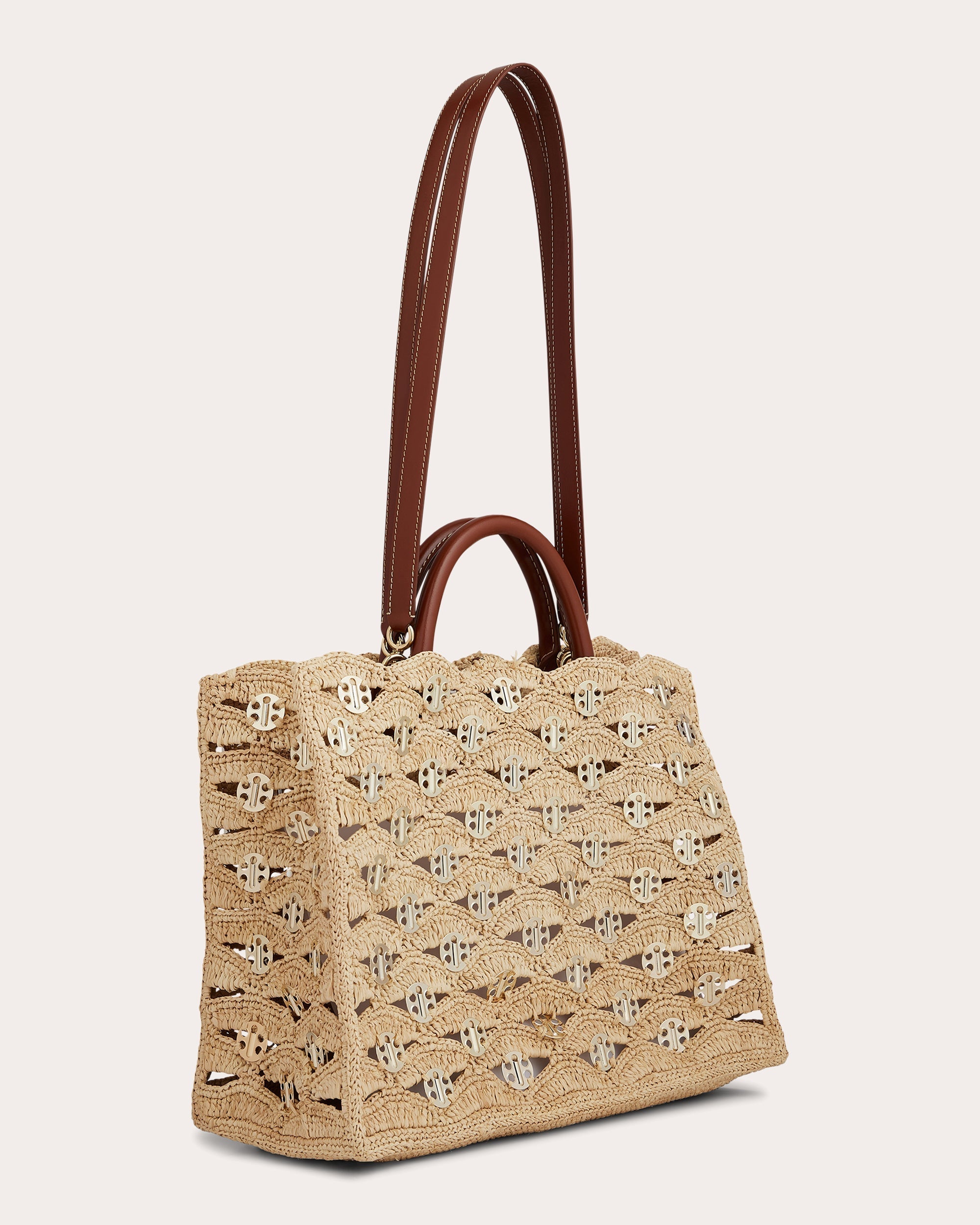 1969 Leather Trimmed Chainmail Embellished Raffia Tote