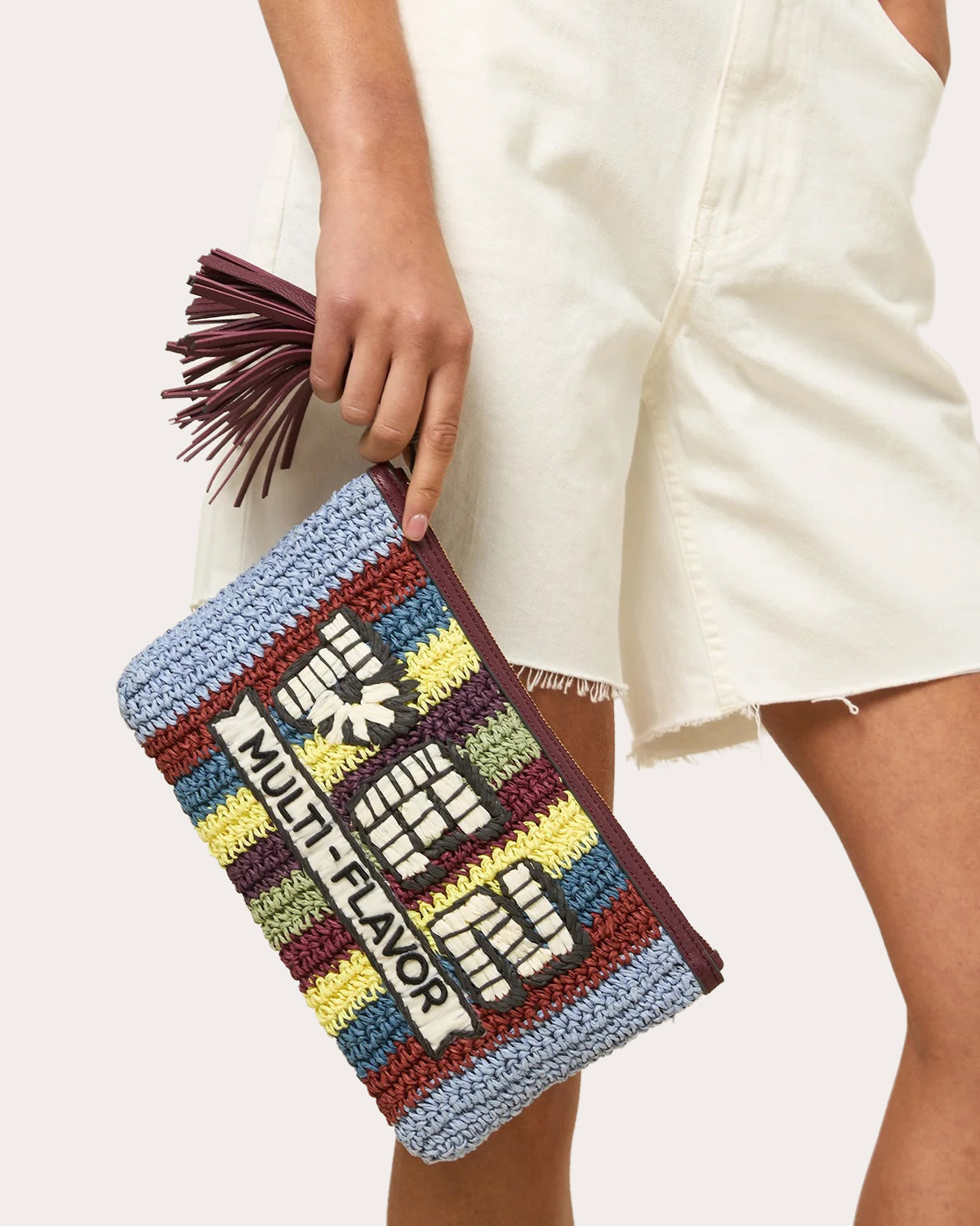Pez Tasseled Embroidered Raffia Clutch