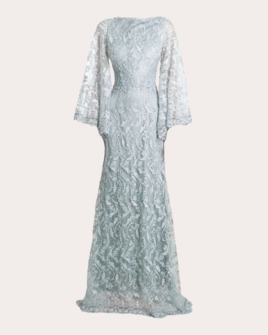 Lorgi Cape-Effect Embellished Lace Gown