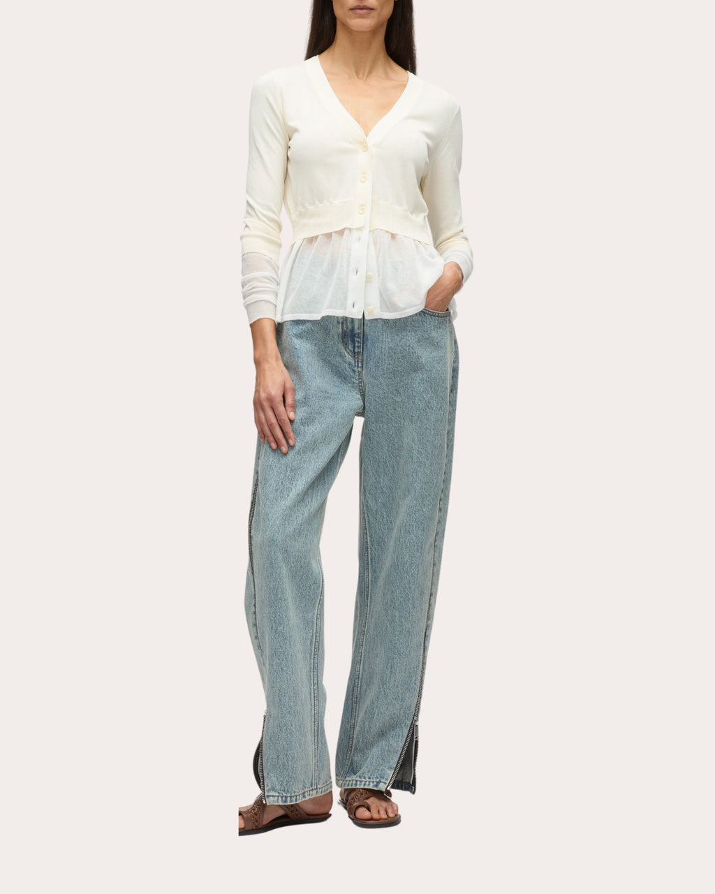 Layered Gauze-Trimmed Knit Peplum Cardigan