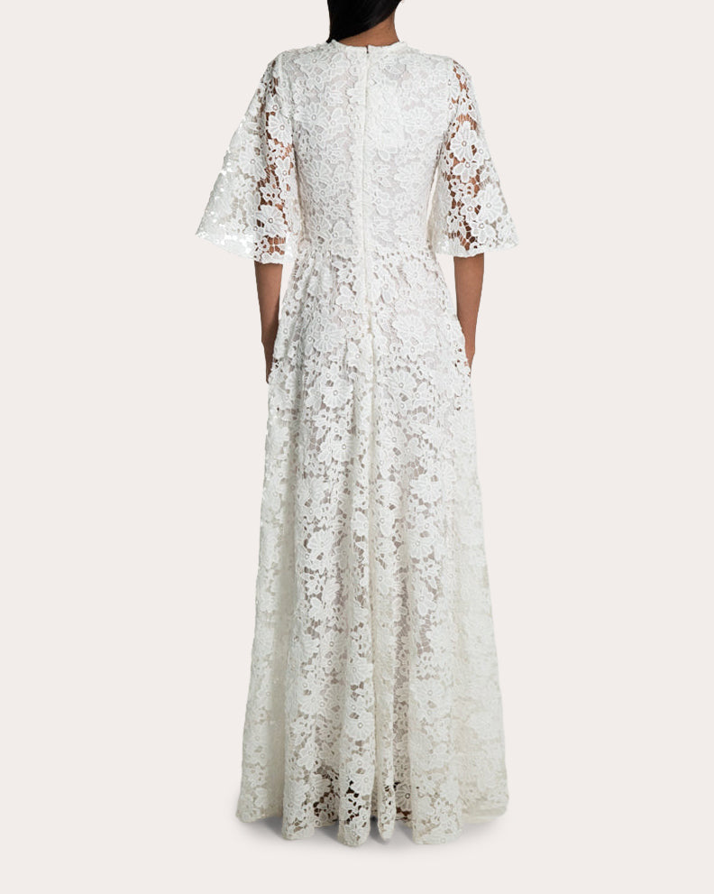 Yaqui Cape-Effect Laser-Cut Floral Lace Gown