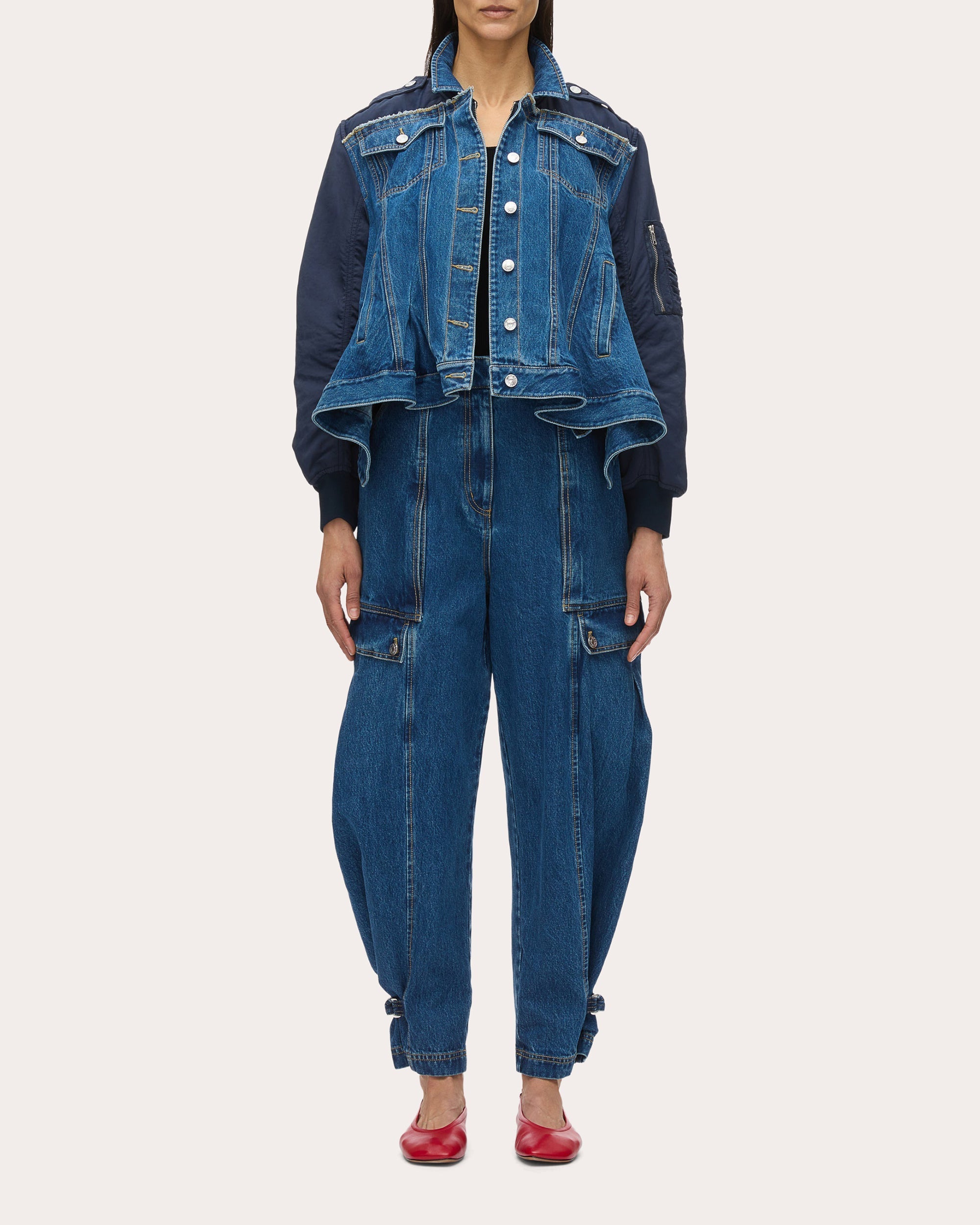 Ruffle-Hem Paneled Denim Flight Jacket