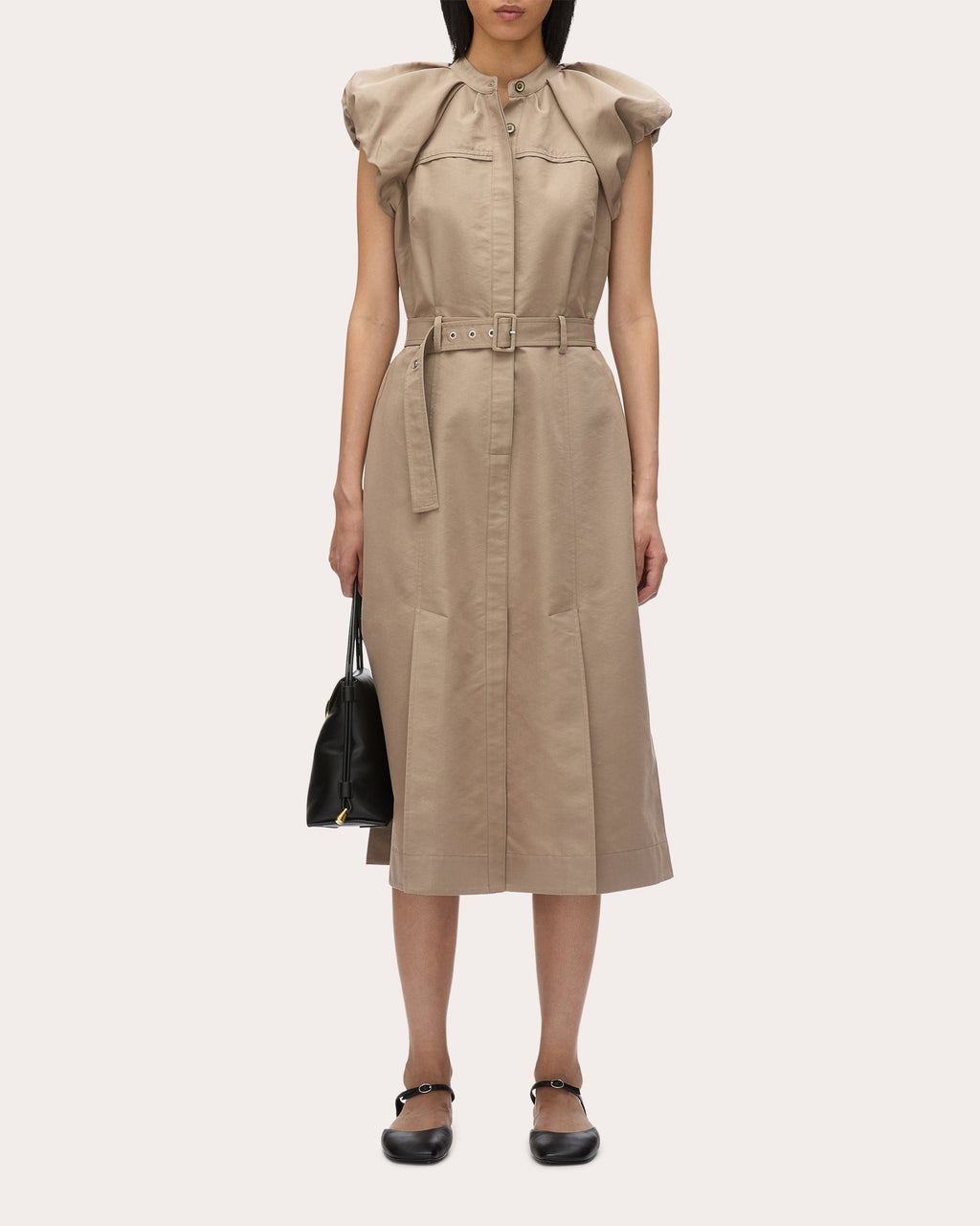 Belted Gathered Poplin Midi Shirt Dress