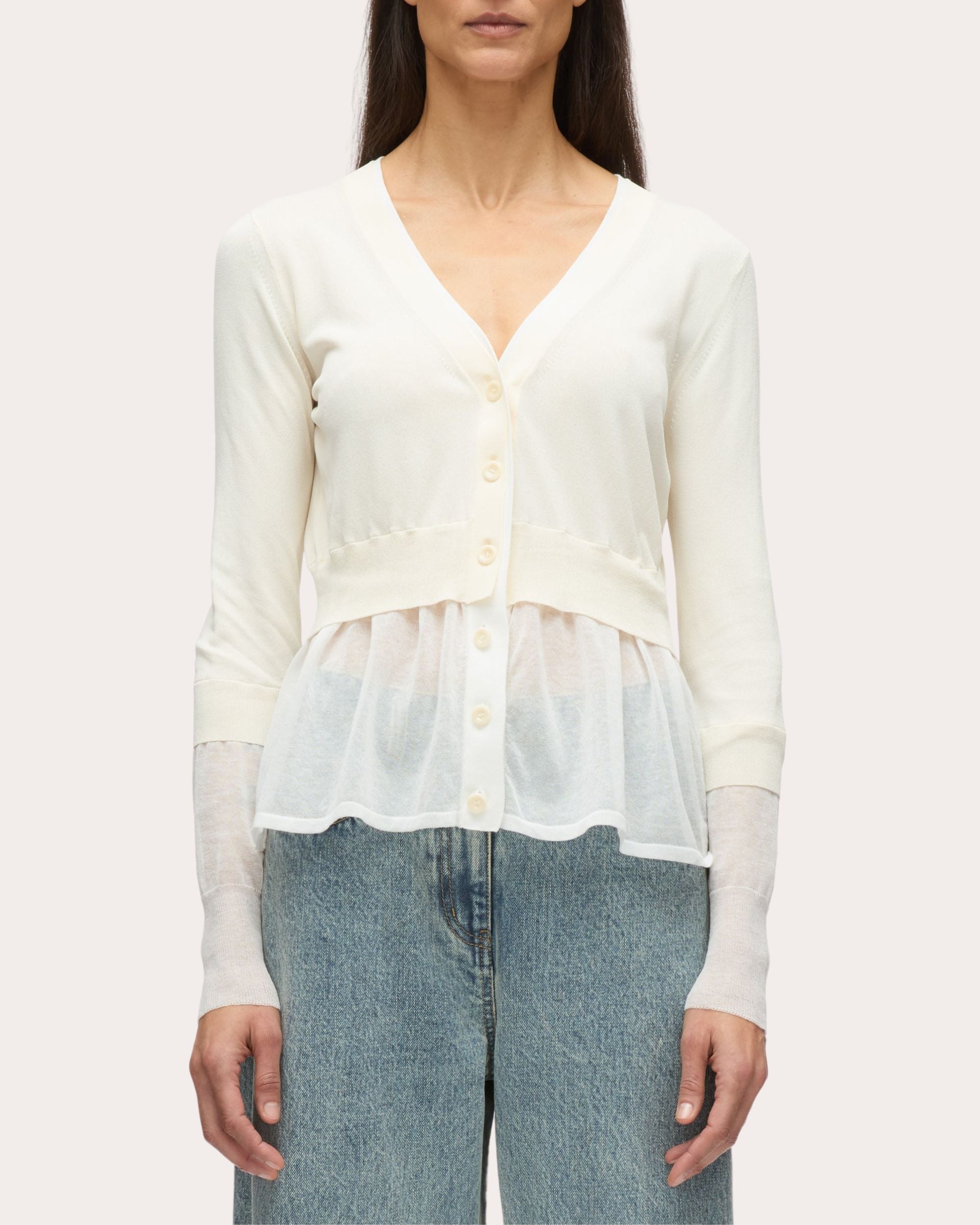 Layered Gauze-Trimmed Knit Peplum Cardigan