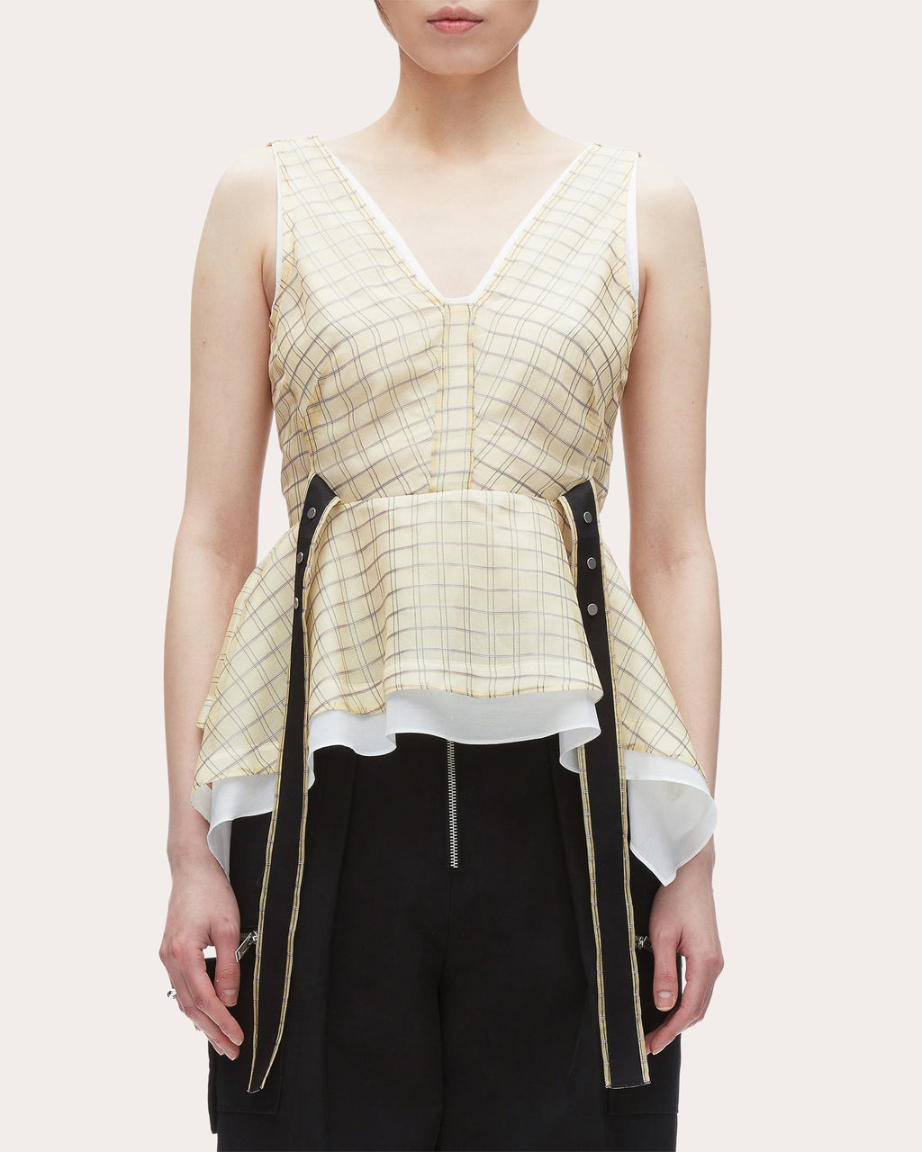 Plaid-Print Silk Organza Peplum Top