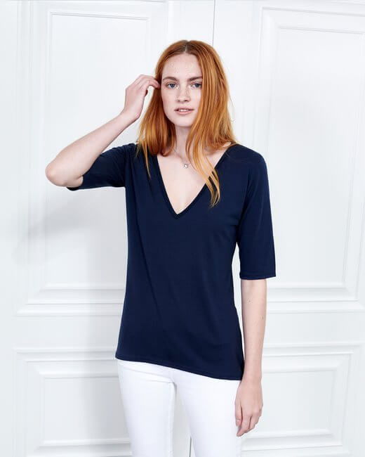 Cashmere V Neck Three-Quarter Sleeve Top