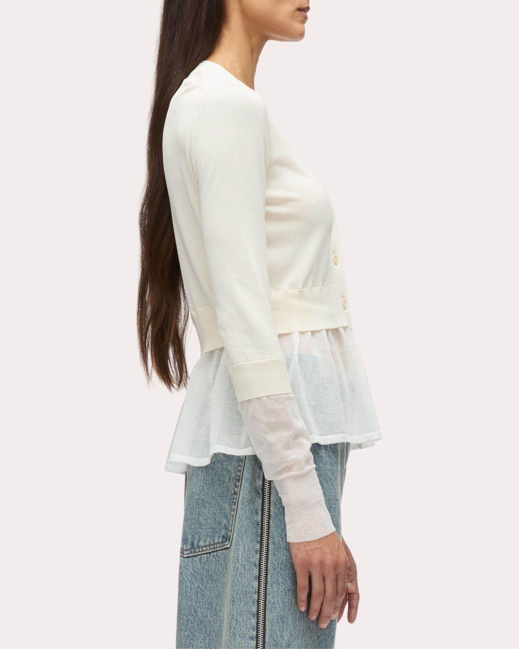 Layered Gauze-Trimmed Knit Peplum Cardigan